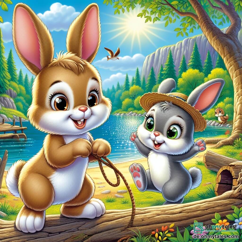 Ein junger Hase namens Felix mit weichem, hellbraunem Fell, großen aufmerksamen Ohren und funkelnden neugierigen Augen steht an einem sonnigen kleinen Strand am Ufer eines Sees. Er lächelt begeistert, die Vorderpfoten auf einem alten Baumstamm, bereit zum Erkunden. Neben ihm springt seine Schwester Leni, ein kleines graues Kaninchen mit glänzenden Augen, vor Freude und hält ein Seil mit ihren Hinterpfoten, bereit ein Floß zu bauen. Sie trägt einen kleinen Strohhut, der ihr einen schelmischen Ausdruck verleiht. Im Hintergrund funkelt der See in der Sonne, umgeben von großen Bäumen mit leuchtend grünen Blättern und bunten Blumen, die im Wind tanzen. Vögel singen fröhlich in den Ästen und tragen zur sommerlichen Atmosphäre bei. Die Szene zeigt Felix und Leni, die gespannt darauf sind, ihr Floß zu bauen, umgeben von der Schönheit der Natur und der Aufregung des bevorstehenden Abenteuers.