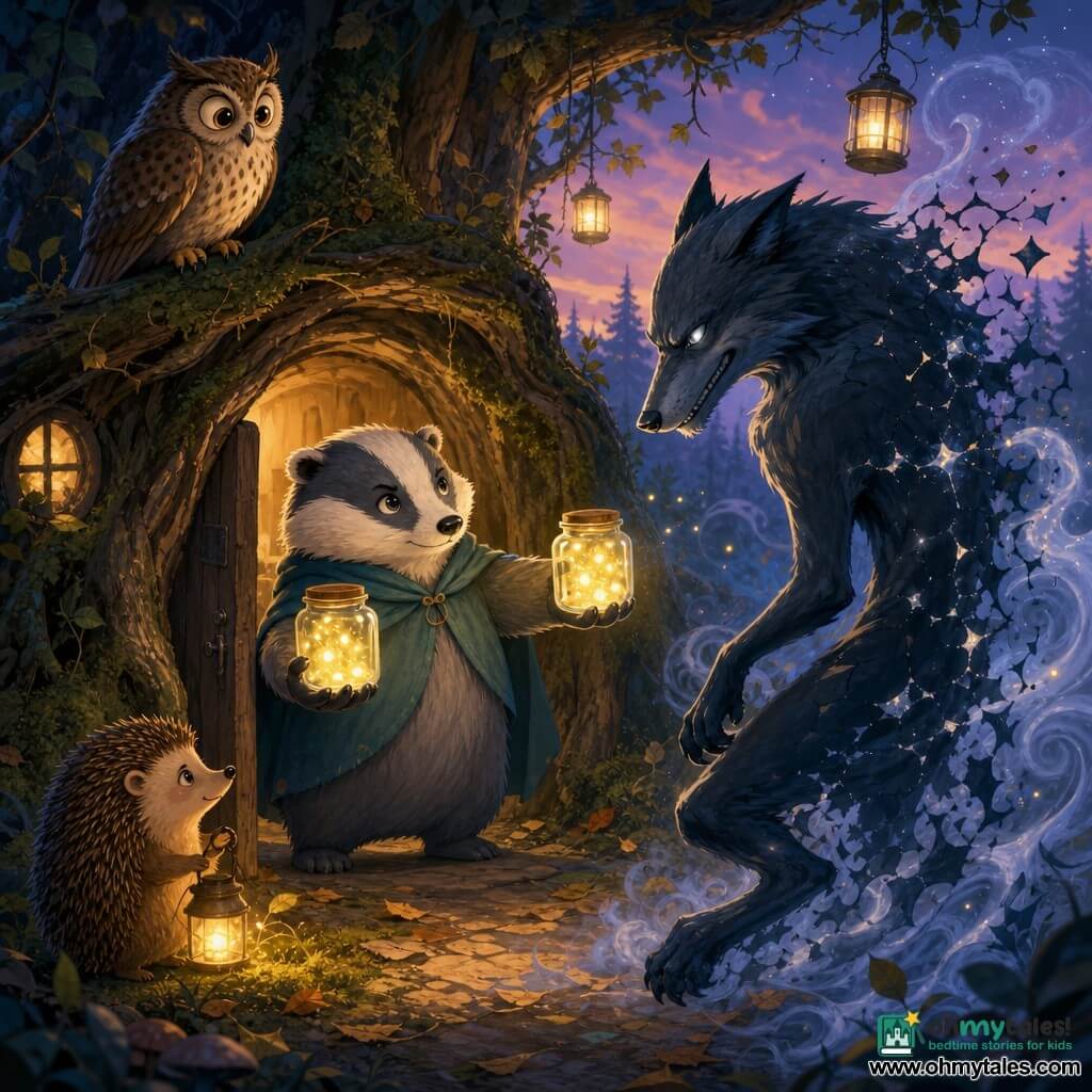 Main character: Hazel, a round gentle badger with grey-and-white fur, calm determined expression, holding two small jars of warm-glowing fireflies, standing in the doorway of her burrow carved under an old trunk; Secondary 1: the tall, slender big bad wolf with dark bluish fur, piercing silver eyes and a sly smile, recoiling as his shadow cracks and crumbles before the twin lights; Secondary 2: a brown speckled owl perched on a nearby branch above left, watching anxiously; Secondary 3: Old Bramble, a small brown-spined hedgehog by the entrance, relieved, holding a little lantern; Setting: a forest clearing at dusk, leaf-and-moss floor, light mist and a few hanging lanterns; Scene: a quiet poetic confrontation where Hazel’s warm yellow firefly jars force the wolf to dissolve into silvery smoke, contrasting the warm glow of the jars with the wolf’s cold blue tones.