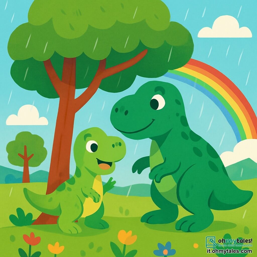 Un piccolo Tyrannosaurus Rex, con una pelle verde brillante e occhi scintillanti di curiosità, si trova sotto un grande albero. Ha un'espressione gioiosa e un ampio sorriso, con la sua piccola coda che trema dall'eccitazione. Accanto a lui, la sua mamma Tyrannosaurus, più grande, con squame di un verde più scuro e occhi dolci, lo guarda con tenerezza. Il paesaggio è una vasta pianura verde, punteggiata di fiori colorati e alberi maestosi, sotto un cielo blu chiaro con alcune nuvole bianche e soffici. La scena si svolge durante una dolce giornata di sole, con raggi di luce che filtrano attraverso le foglie. Il piccolo Tyrannosaurus e la sua mamma si rifugiano sotto l'albero mentre inizia a cadere una leggera pioggia, creando un'atmosfera di dolcezza e sicurezza. Un arcobaleno inizia a comparire nel cielo, aggiungendo un tocco magico a questa bella giornata.
