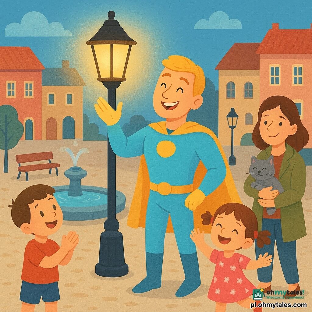Uśmiechnięty, energiczny superbohater w jasnoniebieskim kostiumie i żółtej pelerynie, z krótkimi blond włosami, dotyka dużej ulicznej latarni, z której wokół ręki emanuje łagodne złote światło; po lewej na chodniku chłopiec ok. 6 lat z krótkimi brązowymi włosami w czerwonym t‑shircie klaszcze, po prawej dziewczynka ok. 5 lat w różowej sukience w kwiaty z dwoma kucykami skacze przy fontannie; z tyłu kobieta (mama) o kasztanowych włosach w zielonym płaszczu uśmiecha się trzymając szarego kotka; miejsce: kolorowy rynek z beżową kostką, okrągłą fontanną, drewnianymi ławkami, kutymi latarniami i pastelowymi elewacjami; główna scena: bohater przywraca światło zgasłej latarni, ciepła aura oświetla twarze dzieci, radosna, bezpieczna atmosfera o zmierzchu; styl: jasne kontury, żywe kolory, proste miękkie formy, wyraźne kontrasty i płaskie tekstury w stylu ilustracji wektorowej dla maluchów.