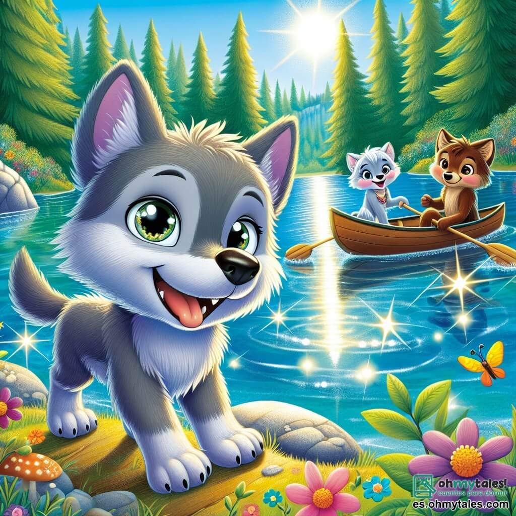 Un pequeño lobo llamado Luno, con un suave pelaje gris y ojos brillantes como luciérnagas, se encuentra al borde de un lago reluciente, sonriendo, lleno de emoción y curiosidad. Observa el agua clara que refleja el cielo azul, listo para zambullirse. A su lado, Nieve, una pequeña loba blanca con grandes orejas, ríe alegremente sosteniendo una flor colorida, mientras Roco, un lobo marrón de ojos chispeantes, trepa sobre una piedra, con un aire travieso y decidido. El lugar es un hermoso lago rodeado de grandes árboles verdes, con rayos de sol filtrándose a través de las hojas, creando destellos de luz en el agua. Flores silvestres de colores vivos bordean la orilla, añadiendo un toque mágico a la escena. Luno y sus amigos se divierten antes de una carrera de canoas, llenos de energía y entusiasmo, listos para vivir una aventura inolvidable.