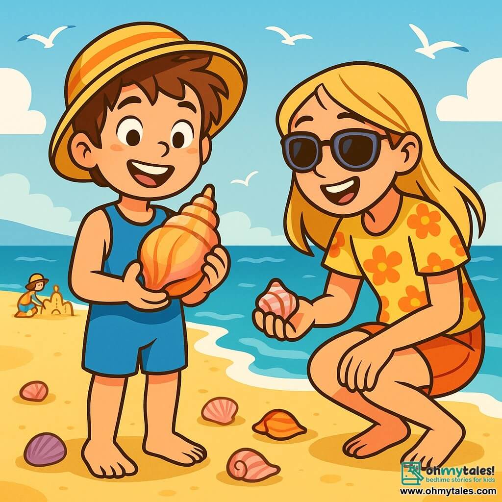 A 10-year-old boy, Leo, with messy brown hair and sparkling eyes, stands on the beach with a smile. He wears a bright blue swimsuit and a striped sun hat, holding a beautiful pink and golden seashell in his hands, amazed by his find. Next to him, his 12-year-old sister Mia, with long blonde hair, wears a floral t-shirt and sunglasses. She crouches down to examine another seashell, laughing with excitement from their treasure hunt. The scene is set on a sunny beach with golden sand stretching as far as the eye can see, shimmering waves lapping at the shore, and seagulls flying in a bright blue sky. In the background, families build sandcastles, adding to the joyful summer atmosphere. The main focus shows Leo and Mia exploring, discovering colorful shells, filled with laughter and radiant smiles, capturing the spirit of adventure and happiness of their summer vacation.