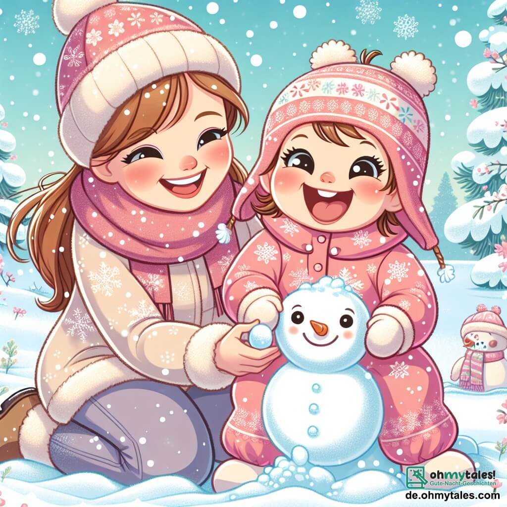 Ein einjähriges Mädchen mit großen, strahlenden Augen und roten Wangen sitzt im weichen Schnee und lacht herzhaft. Sie trägt einen rosa Schneeanzug mit Schneeflockenmuster und eine Wollmütze mit Hasenohren. Neben ihr steht ihre Mama, eine etwa 30-jährige Frau mit braunen, zu einem Pferdeschwanz gebundenen Haaren, die sanft lächelt, während sie einen Schneemann baut und eine Karotte für die Nase hält. Die Szenerie ist ein winterlicher Park mit schneebedeckten, glitzernden Bäumen, sanft fallenden Schneeflocken vom hellblauen Himmel und einem gefrorenen kleinen See im Hintergrund, wo man Eisblumen sieht. Die Hauptsituation zeigt das kleine Mädchen, das mit ihrer Mama einen Schneemann baut, fröhlich lacht und Schneebälle wirft, was eine Szene voller Glück und winterlicher Magie schafft.