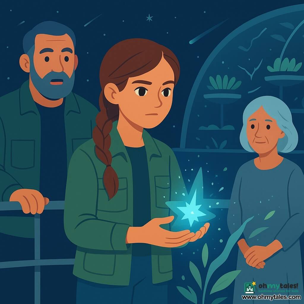 Liora, a determined and gentle ~16-year-old with chestnut hair in a braid and a green utility jacket, holds a small pulsating blue crystal star; behind her left stands Ravel, a tall, stocky ~50-year-old man with a graying short beard, hands on a metal railing, looking surprised and protective; an elderly silver‑haired woman in a simple dress watches kindly from the right; they are on the upper exterior of a space agripole — circular metal walkway, cracked glass domes, suspended crop platforms with stylized green leaves and stars in the background — Liora offers the blue star to a silver shadow creature by a dome fissure; the blue light disperses the shadow as glowing motes and stylized leaves revive; flat, vivid palette of midnight blues, mint greens, silver and pale yellow, simple shapes, clean outlines and minimal shadows.