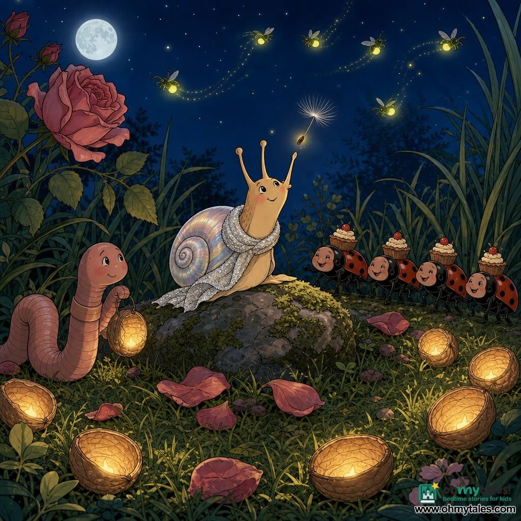 Maple, a small soft-bodied slug/snail with a pearly shiny shell, smiles shyly and wonderingly, wearing a thin silvery scarf wrapped around her shell and reaching her antennae to catch a glowing dandelion seed; to her left Pip, a round shy earthworm, holds a small shell lantern low, proud but bashful; a row of four red-and-black beetle-walkers with tiny cakes on their backs walk and chuckle a short distance behind; fireflies float above as green and yellow glowing dots with bright trails; the intimate midnight garden has textured tall grasses, crumpled rose petals, a mossy old stone at center, and walnut-shell lanterns on the grass casting warm light; the Lantern Ritual is underway: a circle of small twinkling lanterns on the grass, soft magical friendly mood, warm lantern colors and soft blue night tones.