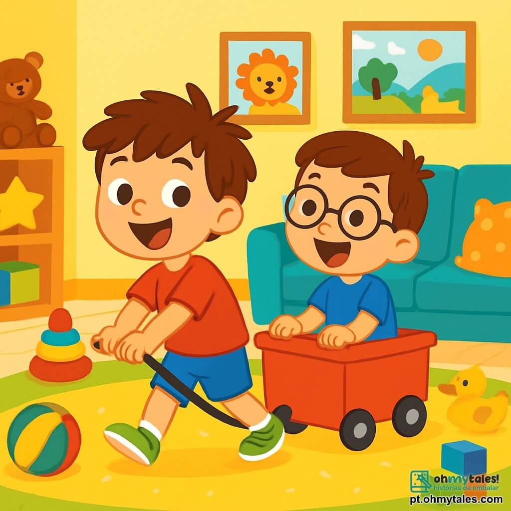 Há 2 personagens principais: - Tomás: um menino de 6 anos com cabelos castanhos bagunçados, olhos brilhantes de travessura e uma camiseta vermelha. Ele está em pé no tapete, puxando o carrinho vermelho com entusiasmo. - Tiago: um menino de 6 anos, gêmeo de Tomás, com cabelos castanhos e óculos redondos. Ele usa uma camiseta azul e está atrás de Tomás, rindo e fazendo de conta que é o maquinista do "trem". O cenário é uma sala de jogos colorida, cheia de brinquedos espalhados. Há um grande tapete macio no chão, um sofá confortável com almofadas coloridas e paredes decoradas com desenhos de animais e paisagens alegres. A situação principal mostra Tomás e Tiago brincando juntos com seu carrinho vermelho, imaginando que é um trem que faz barulhos divertidos. Eles riem alto, desafiando-se a fazer o carrinho voar, criando uma atmosfera alegre e cheia de cumplicidade.