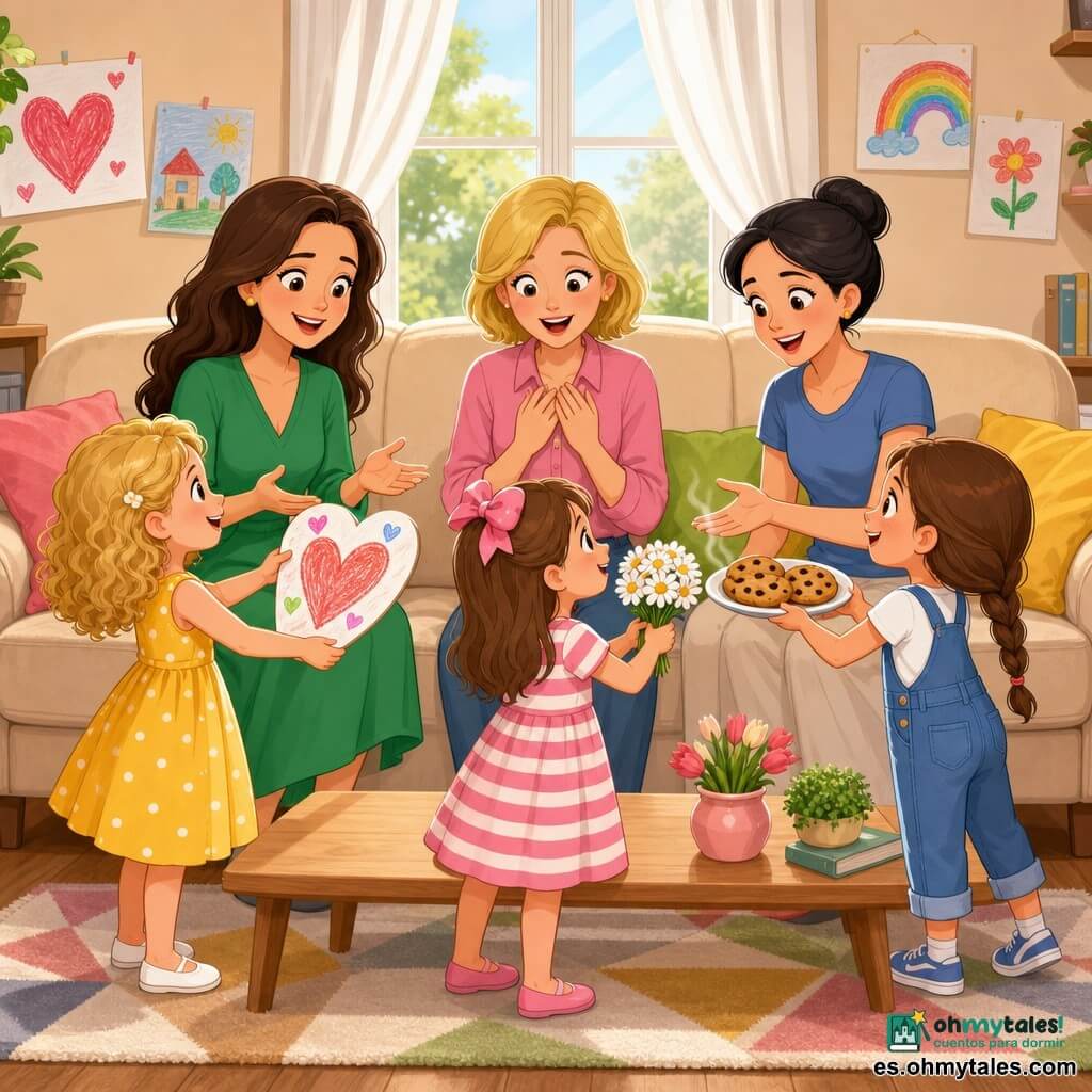 Hay seis personajes: tres niñas —Clara, 7 años, pelo rubio rizado, vestido amarillo de lunares, sostiene un gran dibujo en forma de corazón; Lola, 6 años, pelo castaño con lazo rosa, vestido a rayas rosa y blanco, sostiene un ramo de margaritas; Sofía, 7 años, pelo castaño trenzado, lleva peto azul y una bandeja de galletas calientes—, y sus madres sentadas en un salón cálido ante un gran sofá beige: la madre de Clara, unos 35 años, pelo largo castaño, vestido verde, con las manos abiertas; la madre de Lola, unos 33 años, pelo rubio corto, blusa rosa, con ojos brillantes de sorpresa; la madre de Sofía, unos 36 años, pelo negro recogido, camiseta azul, extendiendo una mano para tomar una galleta. El salón tiene mesa baja de madera clara, cojines coloridos, alfombra geométrica, ventana con luz matinal y dibujos infantiles en la pared; las niñas sorprenden a las madres ofreciéndoles el corazón, las flores y las galletas mientras ellas sonríen y se emocionan.