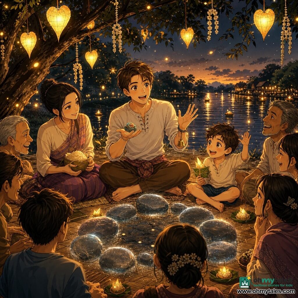 Somchai, about 18, round-faced with bright eyes and a gentle, slightly smiling expression, sits on a mat by the riverbank at dusk holding a small bell on his wrist and a painted pebble as he animatedly tells a story; Mae, about 28 with sleek black hair in a bun and a warm smile, sits to his left holding a packet of sticky rice and watching him admiringly; Noi, about 6 with tousled hair and laughing eyes, sits in the foreground to Somchai’s right, raising a hand and holding a small leaf lantern; around them villagers sit in a semicircle on mats among smooth stones arranged in a faintly glowing circle, trees with lantern-shaped leaves lit from within, small leaf lamps and jasmine garlands hanging from branches, golden reflections on the water, floating lights and a magical, intimate atmosphere in warm oranges, golds and deep greens with silver highlights on the stones and river.