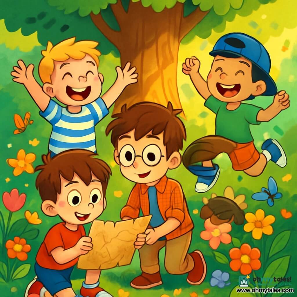 There are 4 children: Max, a 10-year-old boy with messy brown hair and big dreamy eyes, wearing a red t-shirt and sneakers, holding an old map with wonder; Leo, a 9-year-old boy with blond hair and a big smile, in blue shorts and a striped t-shirt, laughing with his arms raised as if ready for adventure; Sam, a 10-year-old boy with brown hair and round glasses, in a plaid shirt and beige pants, leaning over the map with sparkling eyes as if discovering a secret; and Ollie, a 9-year-old boy with black hair and a backward hat, in a green t-shirt and orange shorts, joyfully jumping with energy, ready to explore. The children are in a magical garden filled with brightly colored flowers and dancing butterflies, with a majestic oak tree at the center, golden light filtering through its leaves. The main scene shows the children discovering an old map, surrounded by vibrant flowers and light, with laughter and excitement on their faces, ready for adventure.