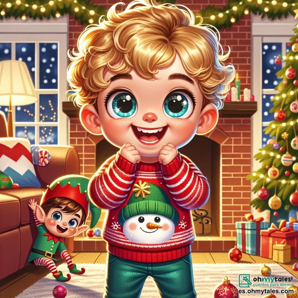 Un niño de 2 años, con cabello rizado y dorado, grandes ojos brillantes de alegría, está de pie en una sala decorada para Navidad. Lleva un suéter rojo con un muñeco de nieve y pantalones de terciopelo azul. Su rostro irradia emoción mientras sonríe ampliamente, sosteniendo una estrella dorada en sus pequeñas manos. A su lado, un duende travieso, de apenas 30 centímetros, con piel verde y un gran bigote rojo, se esconde detrás del sofá. Lleva un sombrero rojo puntiagudo y zapatos con pompones, riendo mientras mira al niño, listo para jugar. La sala es cálida y acogedora, con un gran árbol de Navidad decorado con guirnaldas brillantes y bolas de colores. Luces parpadean en las paredes, y una alfombra suave está extendida en el suelo. Una chimenea de ladrillos emite una suave luz dorada. La escena principal muestra al niño alegre buscando decoraciones navideñas escondidas por el duende travieso, con risas y un ambiente festivo lleno de magia.