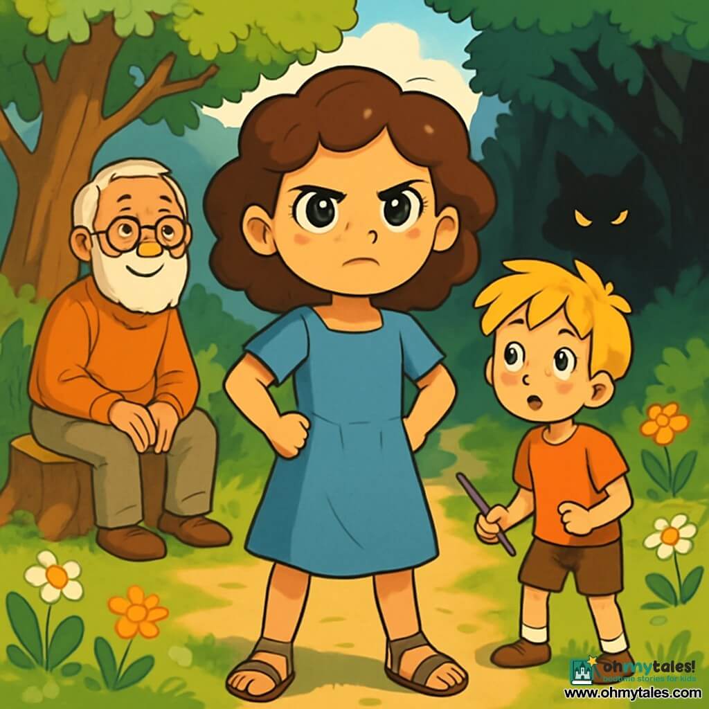 A 12-year-old girl with bright, large eyes and curly brown hair stands at the center of the scene, her face showing courageous determination. She wears a slightly wrinkled blue linen dress and leather sandals. Next to her, a 10-year-old boy with messy blonde hair and freckles looks on curiously, holding a small stick. In the background, an elderly man, the grandfather, with a white beard and round glasses, watches the scene with a kind smile while sitting on a tree stump. The setting is a sunny clearing surrounded by tall trees with vibrant green leaves, with colorful flowers swaying in the wind. In the distance, a winding path leads to a dense forest where shadows thicken, creating a mysterious atmosphere. The main situation shows the girl and the boy standing firm, forming a circle with other villagers, all united and ready to confront the big bad wolf lurking in the forest's shadows. The characters display expressions of courage and solidarity, while the wolf, barely visible, watches from a dark corner, its eyes shining like gemstones.