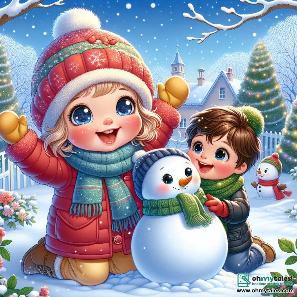 A 5-year-old girl named Millie, with bright big eyes and rosy cheeks, is building a snowman in her garden. She wears a thick red jacket, a blue wool hat, and yellow gloves, smiling enthusiastically with her arms raised in victory. Next to her, her 8-year-old brother Max, with brown hair and round glasses, helps her roll a snowball. He wears a green scarf and a black coat, laughing joyfully at Millie. The garden has turned into a winter wonderland, with trees covered in sparkling snow, snowflakes gently falling from the light blue sky, and a small red bird perched on a branch. The main scene shows Millie and Max creating a snowman together, surrounded by the magic of winter, with laughter and a warm atmosphere despite the cold.