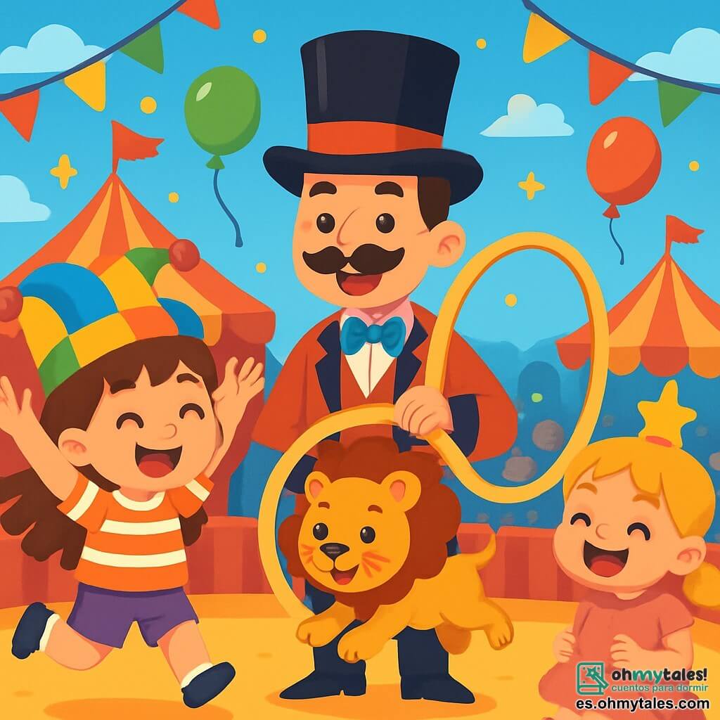 Hay 3 personajes: - Lila: una niña de 3 años, con largos cabellos castaños y ojos brillantes. Lleva un sombrero de payaso colorido y una camiseta a rayas. Está saltando de alegría, con los brazos en alto, al lado de Leo. - Sofía: una niña de 3 años, con cabello rubio en dos coletas y una sonrisa radiante. Lleva un vestido rosa y un pequeño sombrero en forma de estrella. Está agachada, riendo y sosteniendo un pequeño cartel que dice "¡Bravo!". - Max: un hombre adulto, con un bigote y un traje de adiestrador de animales de colores vivos. Lleva un sombrero de copa y sostiene un gran aro dorado. Está de pie, sonriendo, entre Lila y Sofía, listo para hacer un truco con Leo. El lugar es un circo vibrante y colorido, con carpas a rayas rojas y amarillas bajo un cielo azul brillante. Luces centelleantes iluminan el espacio y globos flotan en el aire. En el fondo, se pueden ver espectadores maravillados, aplaudiendo y riendo. La situación principal muestra a Lila y Sofía, rodeadas de la emoción del circo, animando a Leo, el pequeño león, que se prepara para saltar a través de un aro dorado sostenido por Max. Las caras de los niños están llenas de asombro y alegría, mientras que Leo, con su pelaje dorado y ojos traviesos, se prepara para realizar su truco.
