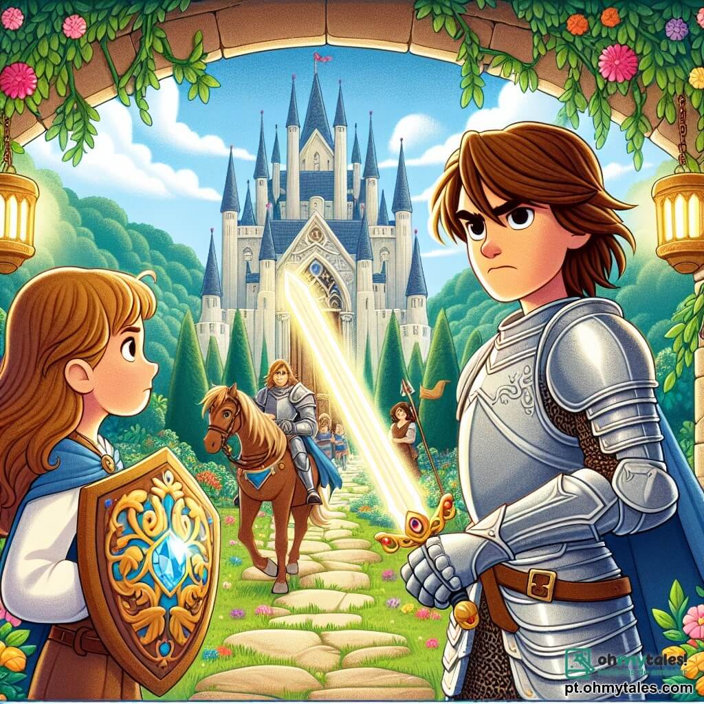 A cena representa Lara, uma corajosa cavaleira, de pé diante das portas de um grande castelo. Ela é uma jovem de cerca de 20 anos, com longos cabelos castanhos ao vento, vestindo uma armadura brilhante que reluz ao sol. Seu rosto expressa determinação e bravura, enquanto empunha uma espada mágica iluminada por um suave brilho. Ao seu lado está Hugo, um jovem de 15 anos, seu fiel escudeiro. Ele tem cabelos loiros bagunçados e veste uma túnica simples. Ele olha para Lara com admiração, segurando um escudo decorado com padrões coloridos, pronto para apoiá-la na batalha. O cenário é um magnífico jardim secreto, repleto de flores vibrantes e vegetação luxuriante, com o majestoso castelo ao fundo, suas torres se erguendo em direção ao céu azul. A situação principal mostra Lara desafiando um tirano ameaçador, que está diante dela com um sorriso sarcástico, enquanto Hugo se mantém firme ao seu lado, pronto para defender seu lar. A atmosfera é carregada de tensão, mas também de esperança, enquanto a bravura de Lara ilumina o jardim.