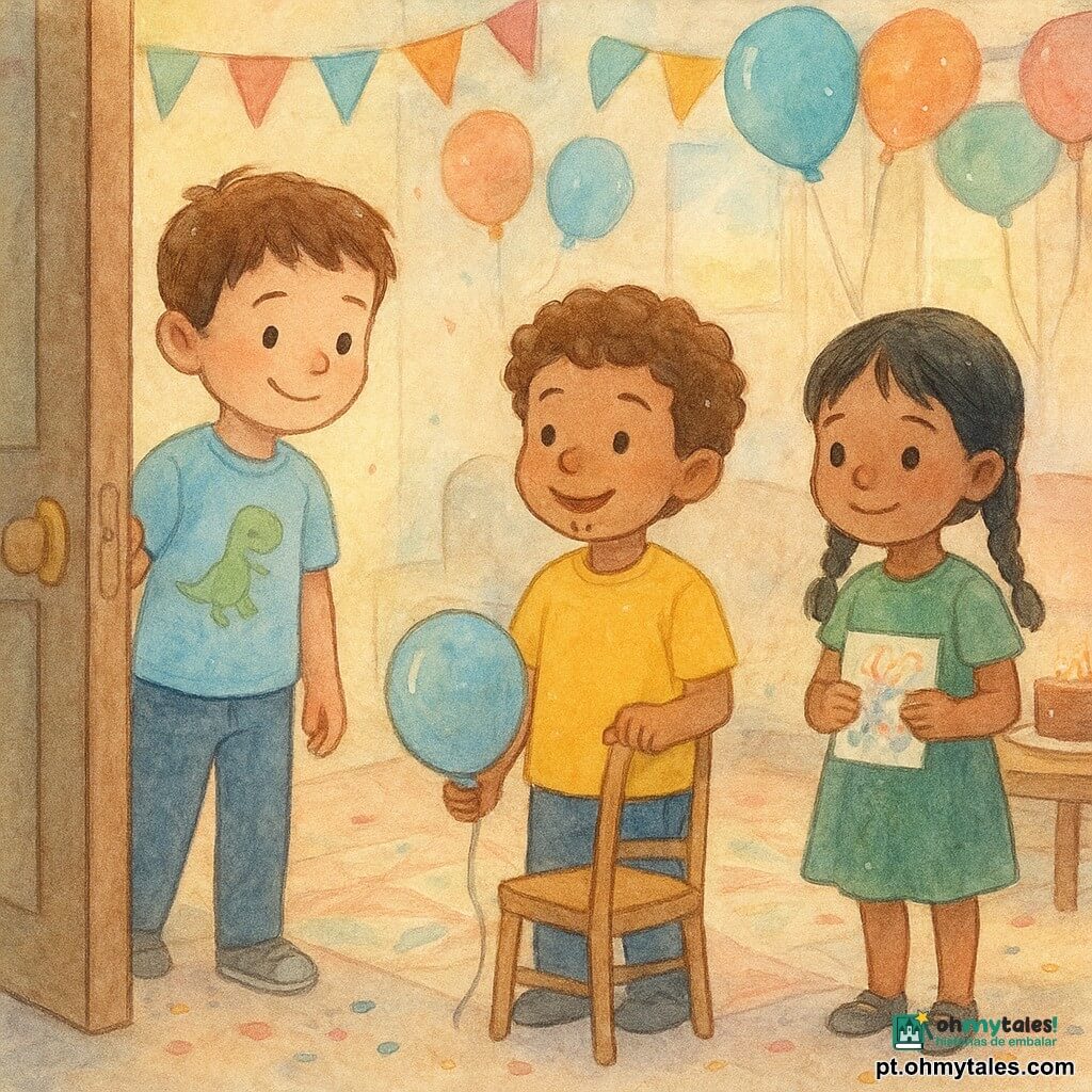 Há três crianças de 5 anos: Tomás, menino de cabelos castanhos curtos e sorriso tímido, camisa azul-claro com dinossauro, abrindo a porta e acolhendo; Leo, menino de cabelos castanhos cacheados com manchas de chocolate no queixo, camiseta amarelo-vivo, segurando uma longa corda de balão e uma cadeira, em postura protetora e sorridente; Sara, menina de tranças negras em vestido verde, entrando timidamente com um desenho colorido contra o peito. A cena passa num salão festivo interior com tapete geométrico, guirlandas de papel multicoloridas, balões no teto, bolo de chocolate com velas numa mesa baixa à direita, confetes no chão e luz quente da janela à esquerda; atmosfera acolhedora de aniversário, expressões suaves, cores pastel em textura aquarela com contornos em caneta gel branca para reflexos e detalhes.