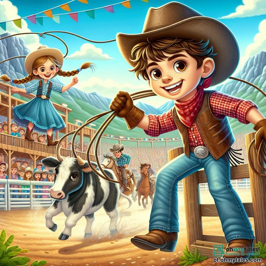 Um jovem cowboy chamado Jack Dalton, um garoto de 12 anos, está no centro da imagem. Ele tem cabelos castanhos bagunçados, um grande sorriso no rosto e usa um chapéu de cowboy desgastado, uma camisa xadrez vermelha e um colete de couro. Ele está manuseando uma corda, pronto para capturar um bezerro, com uma expressão de determinação e empolgação. Ao seu lado está Emily, uma menina de 11 anos, com longos cabelos castanhos trançados e olhos brilhantes de travessura. Ela usa um vestido de denim e botas de cowboy, escondendo-se atrás de uma barreira de madeira, pronta para jogar um balde de água nos foras-da-lei, com um sorriso travesso no rosto. O cenário é uma arena de rodeio animada, cercada por espectadores entusiasmados, com montanhas majestosas ao fundo e um céu azul brilhante. Banderolas coloridas flutuam ao vento, adicionando à atmosfera festiva. A situação principal mostra Jack em ação, usando seu laço para capturar um bezerro, enquanto Emily, escondida atrás da barreira, se prepara para surpreender os foras-da-lei com seu balde de água, criando uma cena cheia de tensão e aventura.