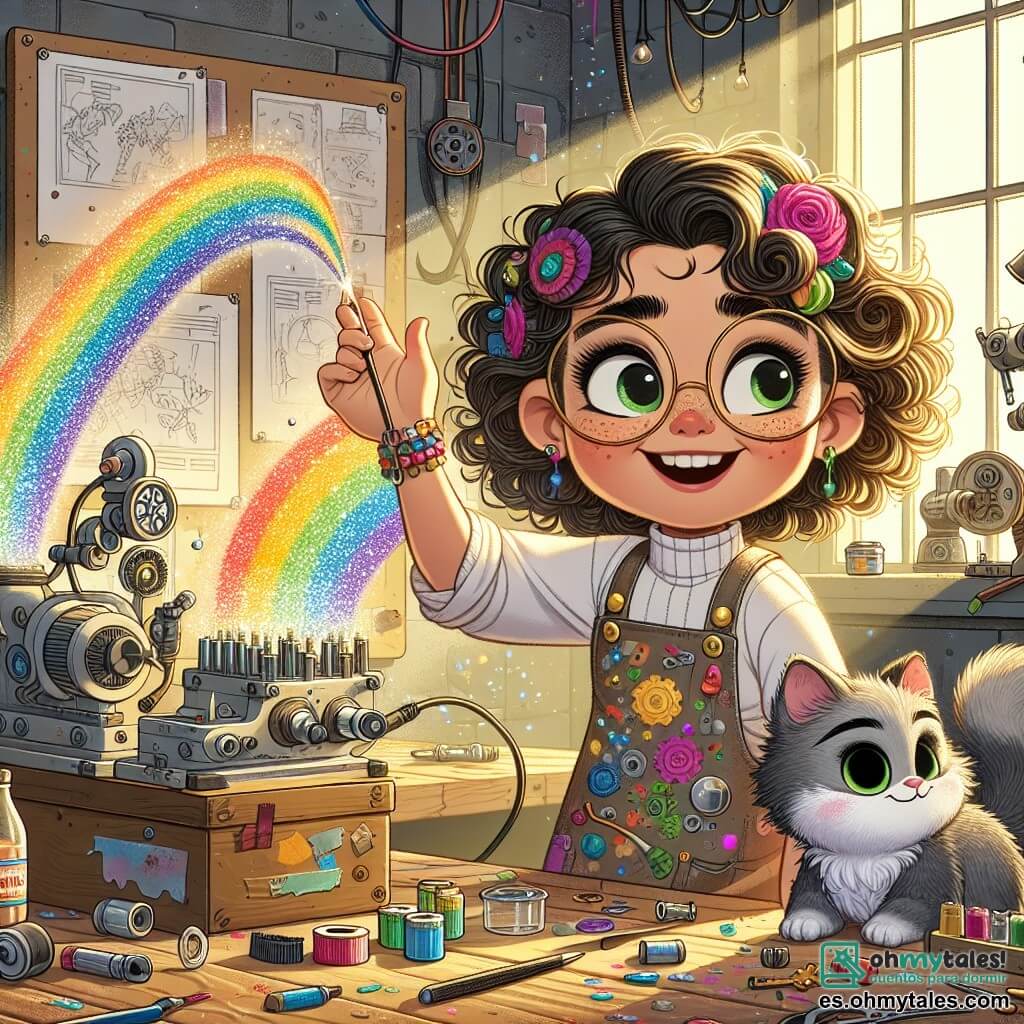 Camila, una mujer inventora con cabello rizado y despeinado, lleva gafas redondas y un delantal colorido lleno de manchas de pintura. Tiene una gran sonrisa de emoción en el rostro mientras ajusta su máquina para crear arcoíris, rodeada de diversas herramientas y piezas sueltas. A su lado, Estornudo, su gato travieso de pelaje gris y ojos verdes brillantes, observa con curiosidad, sentado sobre una caja de madera, listo para saltar en cualquier momento. El decorado se encuentra en el cálido taller de Camila, lleno de gadgets extraños, planos colgados en las paredes y rayos de luz filtrándose a través de una ventana, iluminando nubes de confeti flotantes. La escena principal muestra a Camila presionando el botón de su máquina, mientras un arcoíris brillante comienza a emerger, proyectando colores vivos en el aire, con burbujas y destellos de luz centelleante a su alrededor.