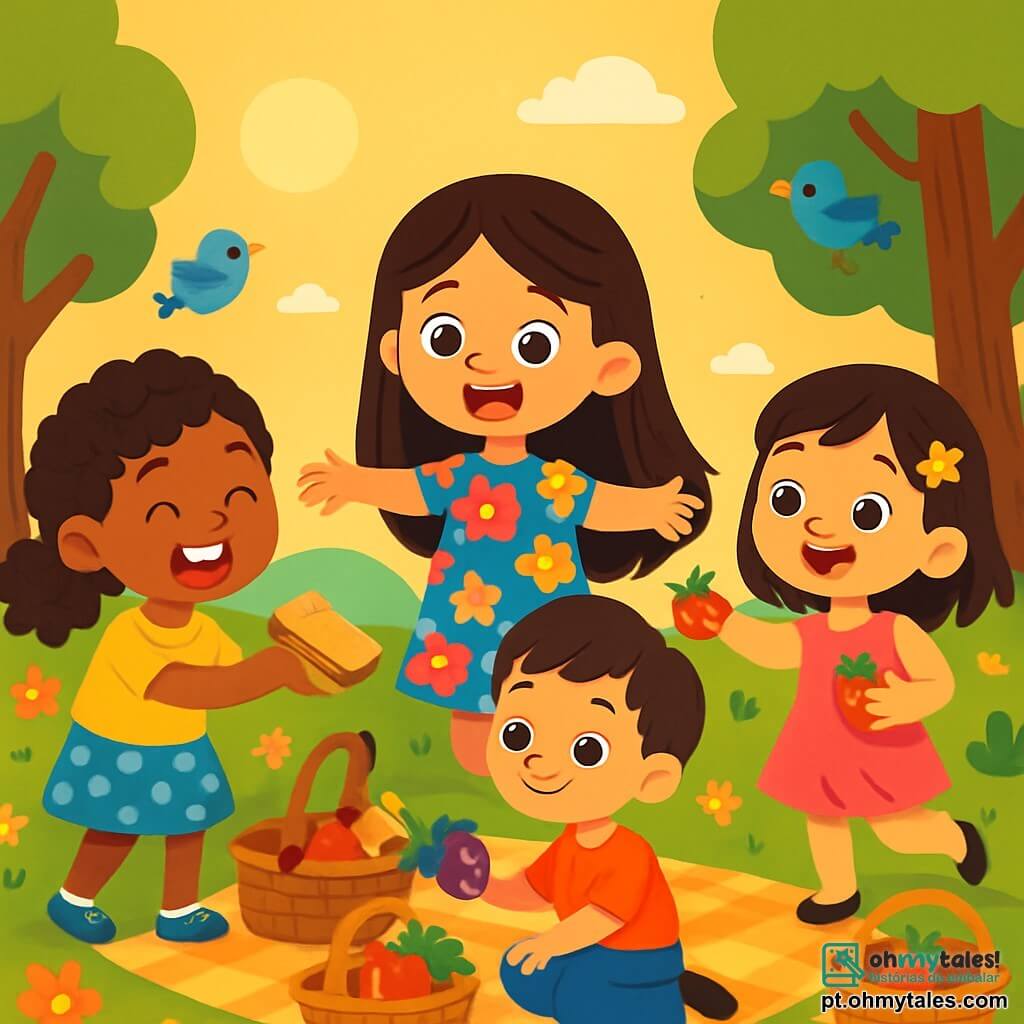 Há 3 personagens: - Salma: uma menina de 6 anos com longos cabelos castanhos e olhos brilhantes. Ela usa um vestido colorido com estampas de flores e sorri alegremente. Ela está no centro, com os braços abertos, como se estivesse recebendo suas amigas. - Amira: uma menina de 6 anos com cabelos cacheados e uma pequena trança. Ela usa uma camiseta amarela vibrante e uma saia de bolinhas. Ela está à esquerda de Salma, segurando um sanduíche em uma mão e um sorriso radiante no rosto. - Yasmin: uma menina de 6 anos com cabelos lisos e uma presilha em forma de estrela. Ela usa um vestido rosa e tem morangos nas mãos. Ela está à direita de Salma, pulando de alegria. O local é um parque ensolarado, cheio de flores coloridas e árvores majestosas. Risadas de crianças ecoam no ar, e pássaros cantam alegremente. Uma grande toalha xadrez está estendida na grama verde, cercada por cestos de piquenique transbordando de delícias. A cena principal mostra as três amigas compartilhando seu lanche com um menino sentado sozinho, Sami. Elas lhe oferecem frutas e sanduíches, com rostos radiantes de felicidade. Uma luz dourada ilumina a cena, criando uma atmosfera acolhedora e mágica.