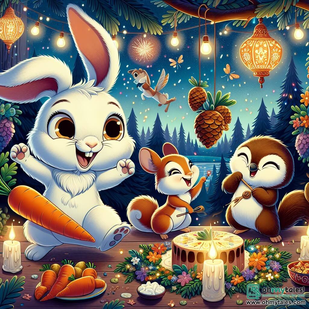 Benny, an adorable rabbit with floppy ears and soft white fur, is joyfully dancing at a New Year's party, his face beaming with excitement and happiness. Next to him, Lucy, a small squirrel with sparkling eyes and a bushy tail, laughs as she throws decorative pine cones into the air, while Max, a wise owl with brown feathers and big round eyes, plays music on a branch, wearing a knowing smile. The scene takes place in an enchanted forest, lit by twinkling fireflies and adorned with colorful flower garlands, with a starry sky in the background. In the center of the illustration, the animals celebrate together, surrounded by carrot-shaped cakes and festive lanterns, in an atmosphere of joy and friendship, ready to welcome the new year with laughter and dancing.