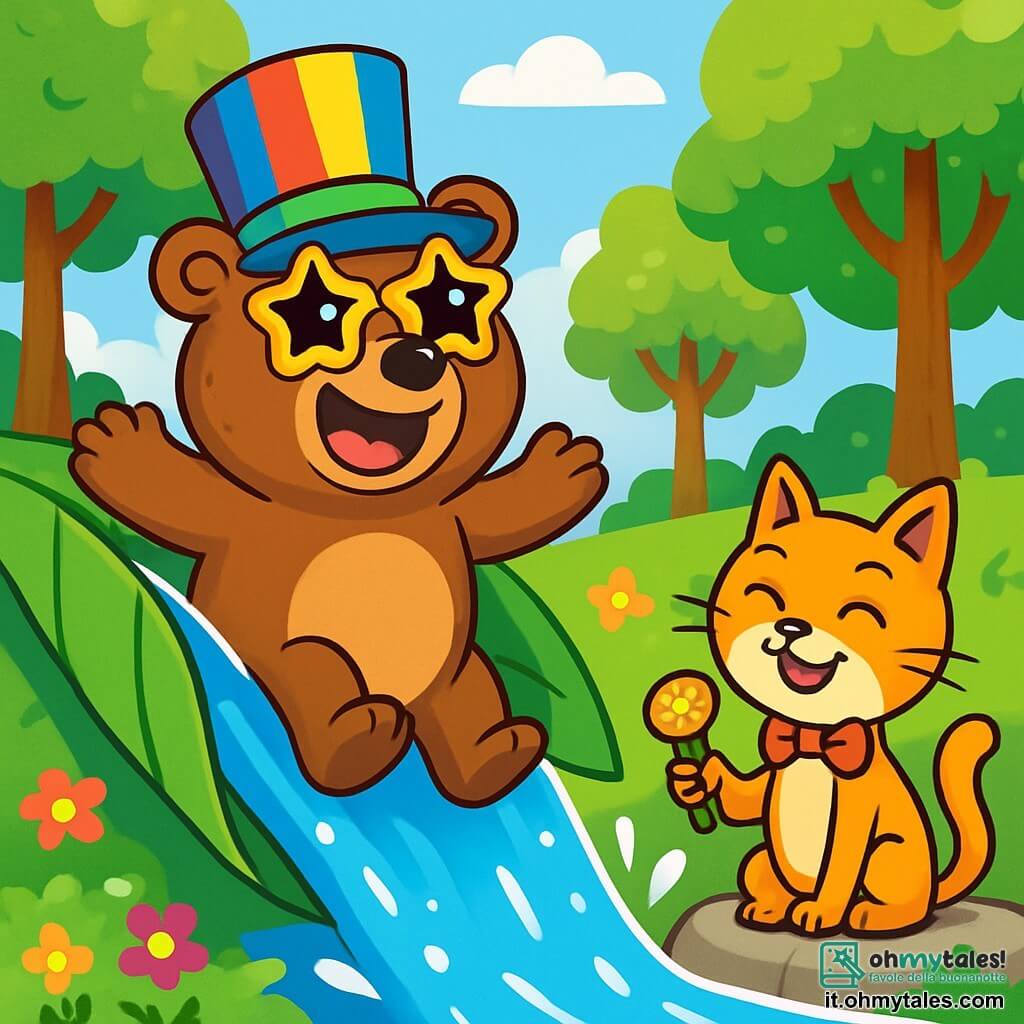 Un grande orso bruno di nome Bruno, con occhiali a forma di stella e un cappello a cilindro multicolore, si trova sulla riva di un fiume scintillante, con un sorriso meravigliato sul volto. I suoi occhi brillano di eccitazione mentre si prepara a scivolare su un enorme scivolo d'acqua fatto di foglie verdi. Accanto a lui, un elegante gatto con un papillon rosso, il Gatto Parlantino, osserva divertito, tenendo un microfono dorato, pronto a intervistare Bruno su questa avventura stravagante. Il gatto è seduto su una pietra piatta, circondato da piccoli fiori colorati. Il paesaggio è una foresta magica, con alberi che danzano dolcemente al ritmo del vento e fiori dai colori vivaci che sbocciano attorno a loro. Il cielo è di un blu brillante, punteggiato di nuvole a forma di caramelle. La scena principale mostra Bruno pronto a lanciarsi in una scivolata gioiosa, mentre il Gatto Parlantino si prepara a porre una domanda esilarante, creando un'atmosfera piena di risate e magia.