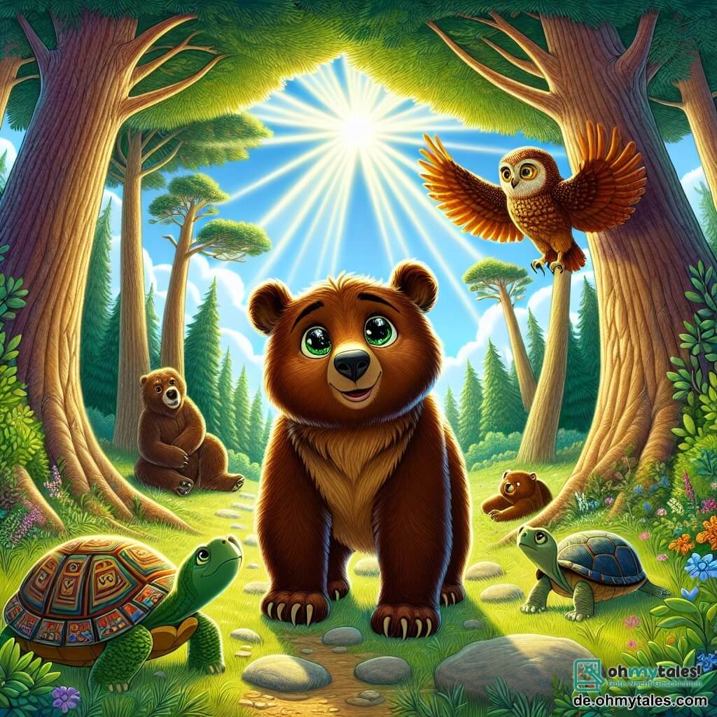 Bruno, ein junger Braunbär mit funkelnden, neugierigen Augen, steht mutig im Zentrum einer hellen Lichtung, sein Fell glänzt im Sonnenlicht. Er hat einen entschlossenen Ausdruck und ist bereit, den Schatten um ihn herum zu begegnen. Rechts von ihm beobachtet eine alte Schildkröte namens Greta mit einem ermutigenden Lächeln, ihre Pfoten auf dem weichen Waldboden. Links sitzt ein großer Uhu namens Orion mit goldenen Federn und scharfen Augen auf einem niedrigen Ast, stolz auf Bruno blickend. Der Ort ist eine verzauberte Lichtung, umgeben von hohen, knorrigen Bäumen mit smaragdgrünen Blättern und einem strahlend blauen Himmel, während Sonnenstrahlen durch die Äste filtern. Die Hauptsituation zeigt Bruno, entschlossen und mutig, den geheimnisvollen Schatten gegenüber, während das Licht des alten Baumes hinter ihm strahlt und Hoffnung sowie die Magie des Herzens des Waldes symbolisiert.