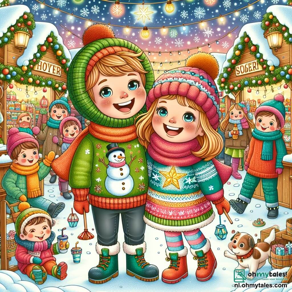 Een 9-jarig jongetje, Joris, staat in het midden van het podium met glinsterende ogen van opwinding en een brede glimlach op zijn gezicht. Hij draagt een groene trui met een grote afbeelding van een sneeuwman, en om zijn nek hangt een glinsterende ster, symbool van zijn avontuur. Naast hem staat Emma, een meisje van zijn leeftijd, met een grote rode sjaal en een wollen muts, die vrolijk glimlacht terwijl ze een groot gekleurd bord vasthoudt met de tekst: "Help me mijn familie te vinden!". Op de achtergrond is een charmante kerstmarkt verlicht door duizenden fonkelende lichtjes, met houten kraampjes versierd met slingers en sneeuwvlokken. Kinderen spelen in de sneeuw, terwijl volwassenen warme dranken proeven. De scène toont Joris en Emma, omringd door een blije menigte, die hun bord omhoog houden in de hoop de aandacht van voorbijgangers te trekken om Joris' familie te vinden. De sfeer is feestelijk, vol gelach en de magie van Kerstmis.