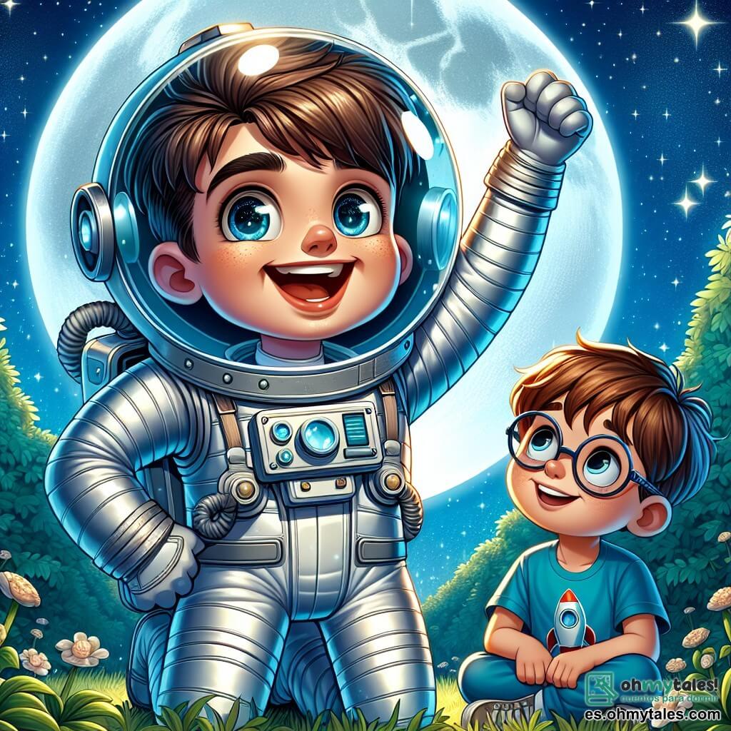 Un astronauta llamado Juan se encuentra en el centro de la imagen, sonriendo con ojos brillantes de emoción. Lleva un traje espacial brillante y un casco transparente que muestra su rostro alegre. A su lado, un niño llamado Lucas, de aproximadamente 8 años, lo mira con admiración. Lucas tiene cabello castaño y usa gafas redondas. Está sentado en la hierba, con los ojos abiertos, escuchando atentamente las historias de Juan. Al fondo, el cielo es de un azul profundo lleno de estrellas, y una gran luna brillante ilumina la escena. La situación principal muestra a Juan contando sus aventuras espaciales a Lucas, quien está cautivado por sus relatos, simbolizando la amistad y la inspiración para explorar el universo.