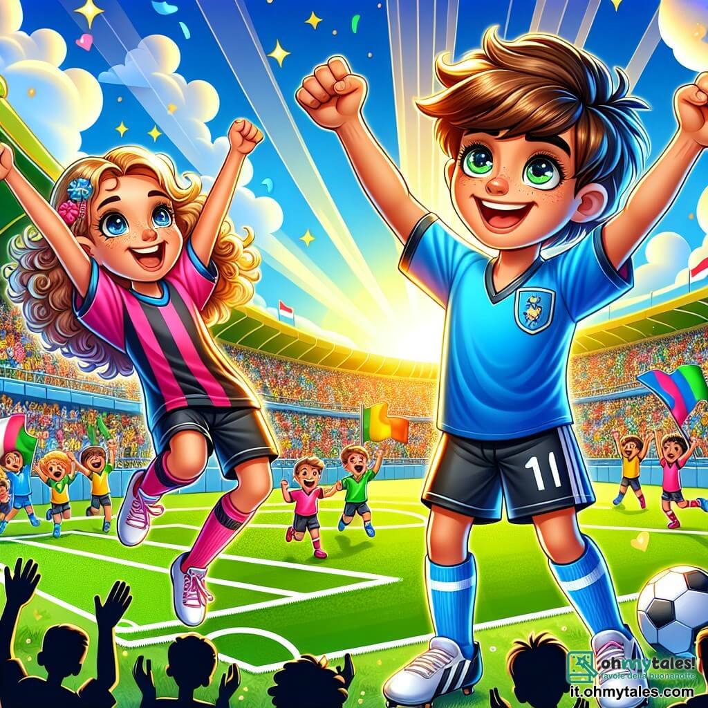 Un giovane, Luca, di circa 16 anni, è al centro dell'immagine, con i capelli castani in disordine e un ampio sorriso di orgoglio. Indossa una maglietta da calcio blu brillante, con pantaloni neri e scarpe da ginnastica bianche, alzando le braccia in segno di vittoria dopo aver segnato un gol. Accanto a lui, Giulia, una ragazza di 15 anni con i capelli ricci e occhi scintillanti, salta di gioia con le braccia alzate, indossando una maglietta rosa e pantaloni neri, mostrando un'espressione di intensa felicità. Sullo sfondo, un campo da calcio verde, circondato da tribune piene di spettatori entusiasti che sventolano bandiere colorate e applaudono. La scena cattura l'eccitazione di una vittoria, con raggi di sole dorati che illuminano il campo e nuvole bianche che fluttuano in un cielo blu brillante.