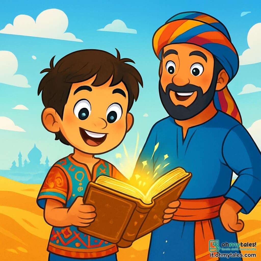 Rami, un giovane con capelli castani e occhi pieni di curiosità, è in piedi su una duna dorata, con il viso illuminato da un ampio sorriso di meraviglia. Indossa una tunica colorata decorata con motivi arabi e tiene in mano un antico manoscritto dalle pagine dorate che brillano al sole. Accanto a lui c'è il Capitano Samir, un uomo di mezza età con barba nera e occhi brillanti, che osserva la scena con uno sguardo benevolo. Indossa una tunica blu e un foulard colorato, pronto a sostenere Rami nella sua avventura. Il paesaggio è costituito da ampie dune di sabbia dorata sotto un cielo blu punteggiato di nuvole bianche. In lontananza, un miraggio scintillante evoca una città di cristallo, creando un'atmosfera magica e misteriosa. La scena principale mostra Rami e Samir che scoprono un antico manoscritto, con riflessi di luce dorata che emanano dalle pagine, mentre un leggero vento solleva dolcemente la sabbia intorno a loro, aggiungendo un tocco di mistero alla loro ricerca.