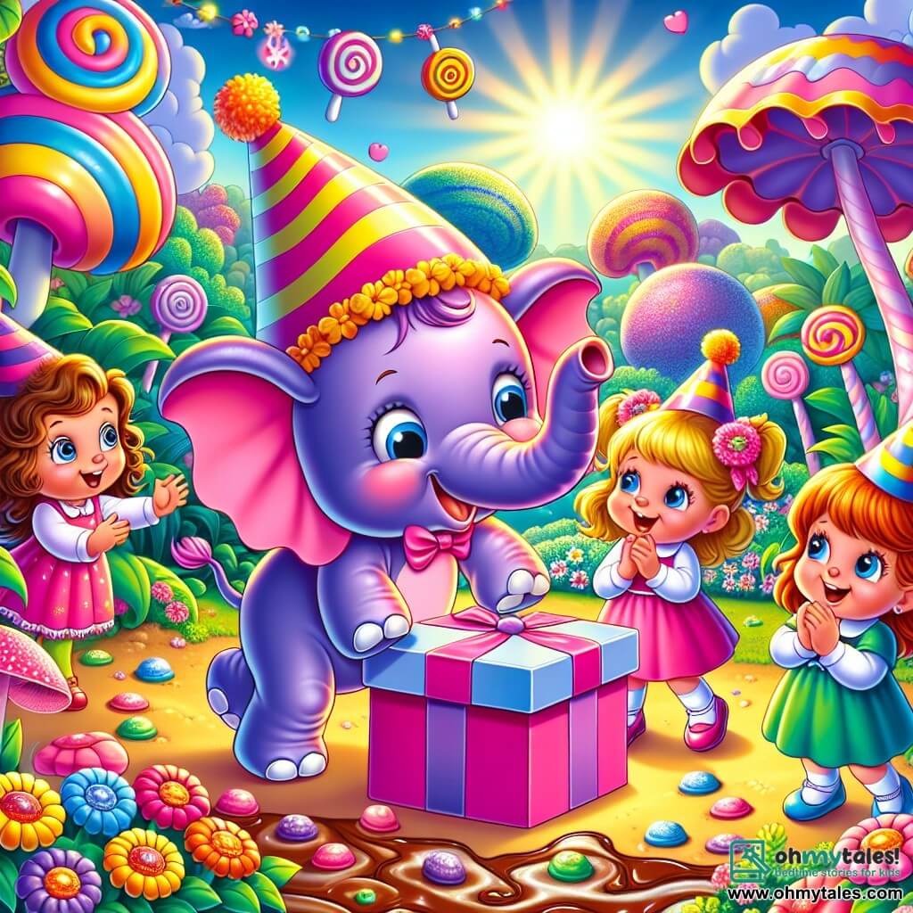 Three little girls, Mia, Lily, and Zoe, are gathered in a colorful garden. Mia, a 7-year-old with curly brown hair and a pink dress, jumps for joy near a big shiny box. Lily, a 6-year-old with blonde hair and a blue dress, dances around the box with a big smile. Zoe, a 7-year-old with red hair and a green dress, claps her hands while watching the elephants. Next to them, three funny elephants wear colorful party hats: the first elephant, named Bubbles, is pink with big round eyes and winks. The second elephant, Wiggly, is purple and makes faces while shaking its big ears. The third, smaller elephant is blue and smiles joyfully. The place is a magical garden filled with giant flowers in bright colors, candy hanging from trees, and a chocolate river sparkling in the sun. The main scene shows the girls and elephants jumping in puddles of green jelly, splashing with laughter and joy, while jelly bubbles float around them, creating a playful and absurd atmosphere.