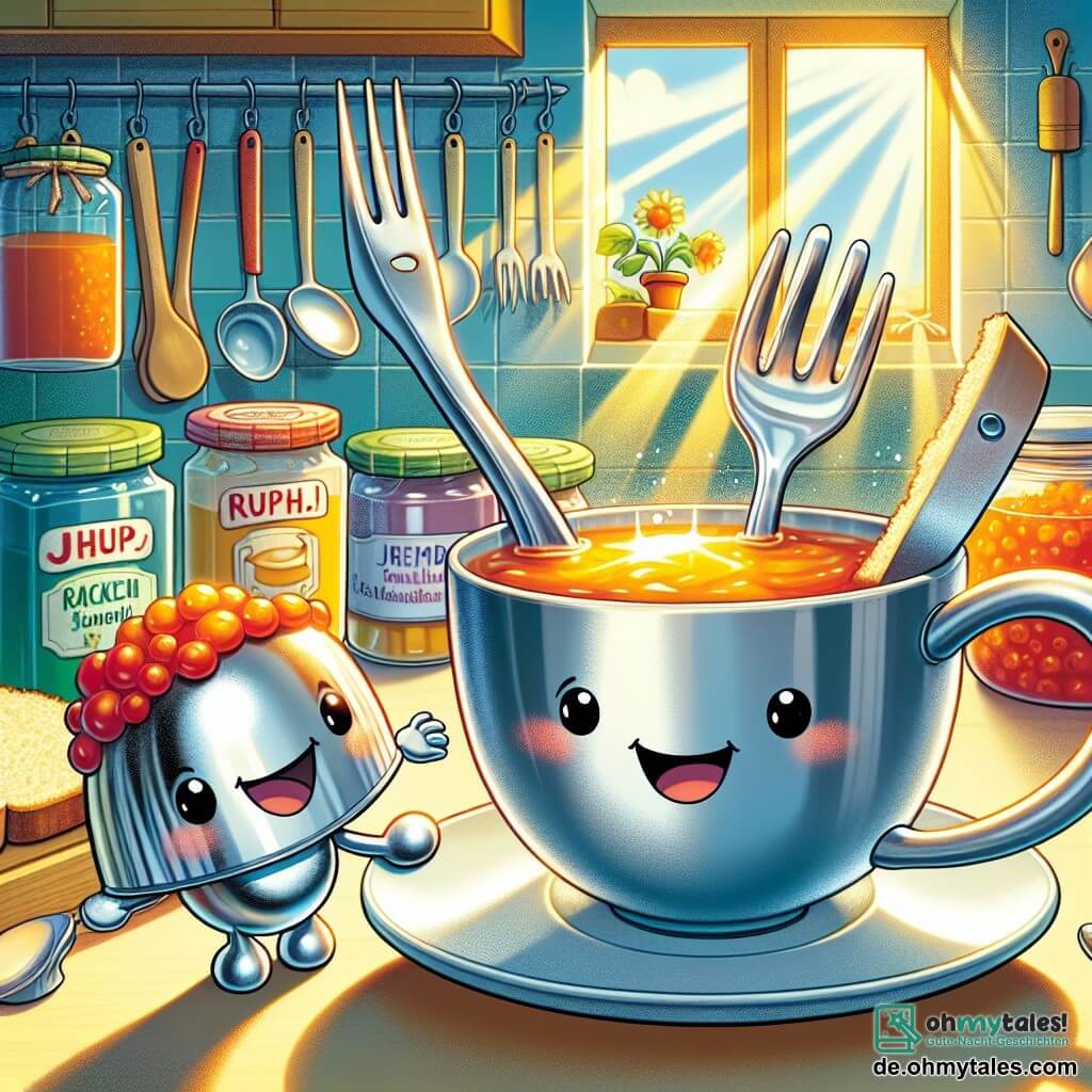 Ein kleines Löffelchen, ein glänzender Metalllöffel mit einem lächelnden Gesicht und funkelnden Augen, steht stolz auf dem Rand einer großen Teetasse, die Arme wie ein Held ausgebreitet. Neben ihm klettert Gabelin, eine Edelstahlgabel mit vier funkelnden Zinken und einem entschlossenen Gesichtsausdruck, am Rand der Tasse hoch, bereit, ihm bei seinem Abenteuer zu helfen. Hinter ihnen beobachtet ein kleines Brotrindchen, ein Brötchen mit einem Marmeladenhut, sie mit einem fröhlichen Lächeln vom Küchentresen aus. Die Küche ist hell und bunt, mit Sonnenstrahlen, die durch ein Fenster scheinen und Gläser mit Marmelade sowie durcheinanderliegendes Küchenzubehör beleuchten. Die Hauptsituation zeigt Löffelchen und Gabelin auf einer Mission, um einen geheimnisvollen Krümel zu fangen, der fröhlich über den Tresen rollt, während sie lachen und sich gegenseitig in ihrem lustigen Abenteuer anfeuern.