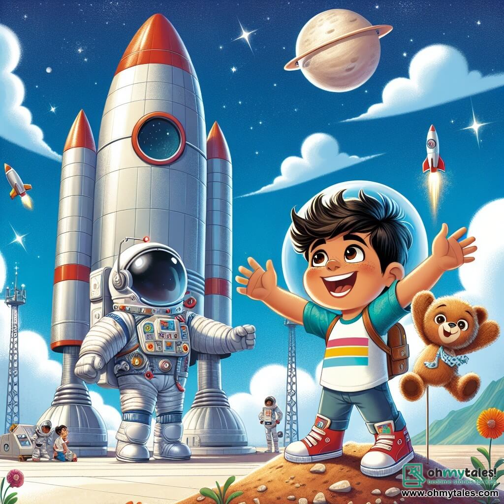 An astronaut named Captain Ben stands next to his shiny rocket, wearing a sparkling white space suit, with a broad smile and sparkling eyes full of excitement. He holds his teddy bear, Astro, in one hand, gazing up at the sky in wonder. Next to him is a little boy named Max, about 8 years old, with messy brown hair and a colorful t-shirt, jumping for joy with his arms raised, full of enthusiasm. Max stands on a small mound of dirt, looking at Captain Ben with admiration. The scene takes place on a spacious launch pad, with a silver and red rocket majestically rising under a bright blue sky dotted with fluffy white clouds. In the background, green mountains and colorful flowers add life to the scene. The main focus shows Captain Ben ready to embark on his rocket for an adventure to Mars, while Max, full of dreams, wishes him good luck, creating an atmosphere of joy and exploration.