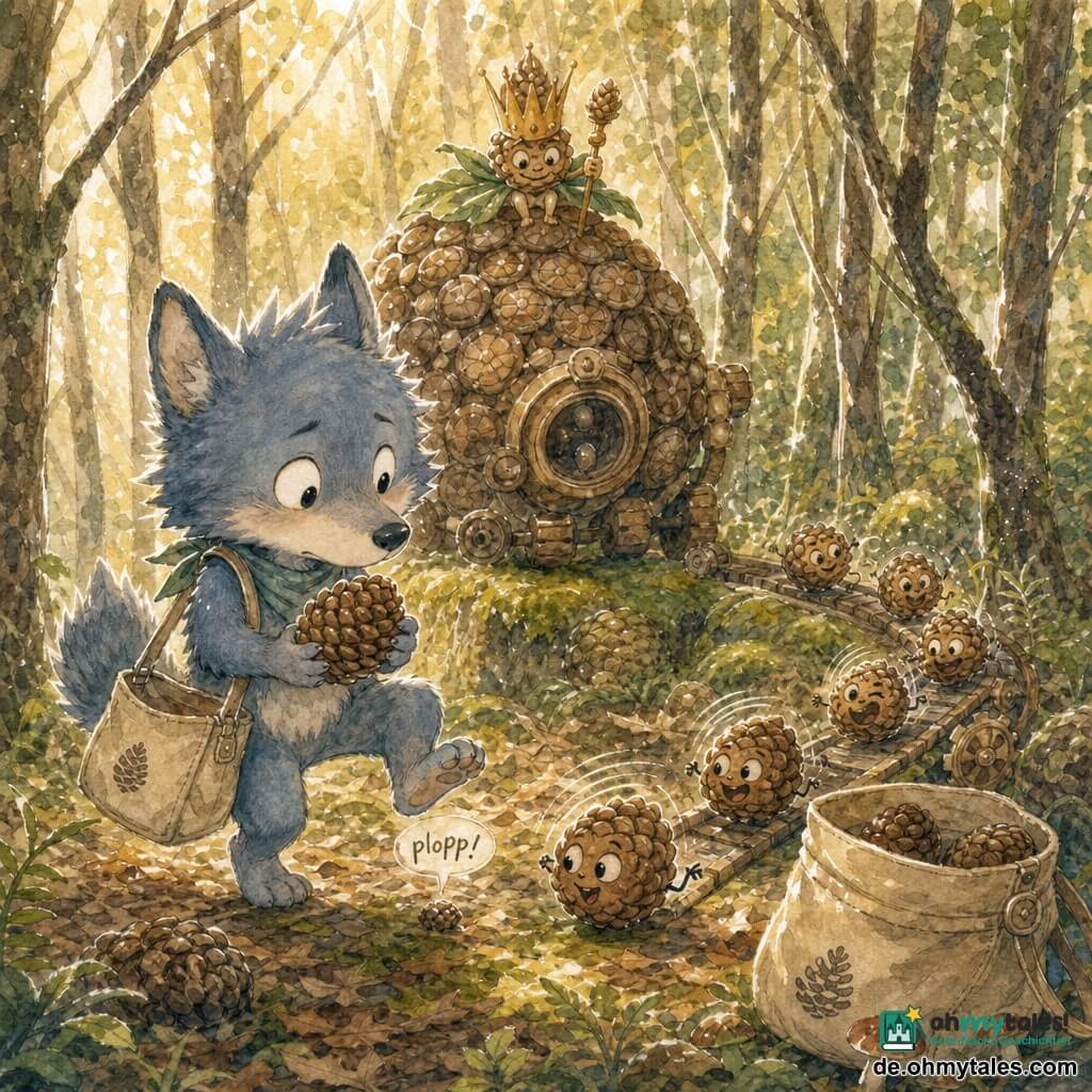 Milo, kleiner anthropomorpher Wolf, konzentriert und leicht perplex, blau-graues weiches Fell, große runde Augen, trägt ein kleines beiges Segeltuchtäschchen, hält zart einen Zapfen, der plopp gemacht hat, und hebt eine Pfote zu einem präzisen Schritt; der personifizierte Zapfen-König, klein und schelmisch lächelnd, thront auf einer runden Maschine aus zusammengestellten Zapfen hinter Milo; mehrere kleine lebhafte runde Zapfen bilden eine klickende Maschine und rollen fröhlich zum Täschchen rechts; der Ort ist ein dichter Hain mit grüner Moosdecke, braunem Laub, engen dünnen Stämmen, warmen Lichtflecken und hunderten verstreuten körnigen Zapfen; die Szene zeigt Milo, der keinen großen theatralischen Schritt macht, sondern geordnet voranschreitet, während die Zapfenmaschine sich zusammensetzt und Zapfen in sein Täschchen schüttet, skurrile, sanfte Atmosphäre mit dezentem Bewegungsspiel.