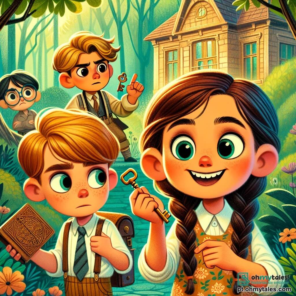 Uma menina de 6 anos, Sofia, com longos cabelos castanhos e olhos brilhantes de curiosidade, segura uma chave enferrujada na mão. Ela sorri amplamente, com as bochechas rosadas de empolgação. Ao seu lado, Lucas, um menino de 6 anos com cabelo loiro e óculos redondos, observa atentamente um velho papel dobrado, franzindo a testa de concentração. Ana, uma menina de 6 anos com tranças pretas e um vestido florido, aponta para uma janela empoeirada, com os olhos brilhando de entusiasmo. Pedro, um menino de 6 anos com cabelo castanho bagunçado, fica um pouco atrás, de braços cruzados, intrigado com a aventura. O cenário é um parque verdejante, com majestosas árvores e uma casa antiga de paredes deterioradas, adornada com grandes janelas e uma porta de madeira que range. Folhas caem suavemente ao redor deles, adicionando um toque de magia à atmosfera. Sofia e seus amigos descobrem uma chave misteriosa e um papel com um desenho de porquinho, se preparando para explorar a casa abandonada em busca de um tesouro escondido.