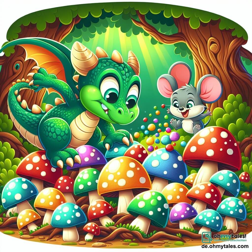 Ein kleiner Drache mit glänzenden grünen Schuppen, großen runden Augen und einem schelmischen Lächeln fällt in eine Gruppe bunter Pilze, die fröhlich um ihn herum hüpfen. In der Nähe beobachtet eine kleine graue Maus mit großen Ohren und einem amüsierten Gesichtsausdruck die Szene, lacht und versucht, einen der entkommenden Pilze einzufangen. Die Szenerie spielt in einem verwunschenen Wald mit knorrigen Baumstämmen und bunten Blättern, wo Sonnenstrahlen durch das Laub filtern und die Pilze zum Strahlen bringen. Die Hauptsituation zeigt den tollpatschigen Drachen, der beim Stolpern ein fröhliches Chaos unter den Pilzen auslöst, die hüpfen und "Hatschi!" rufen, in einer Atmosphäre voller Lachen und Farben.