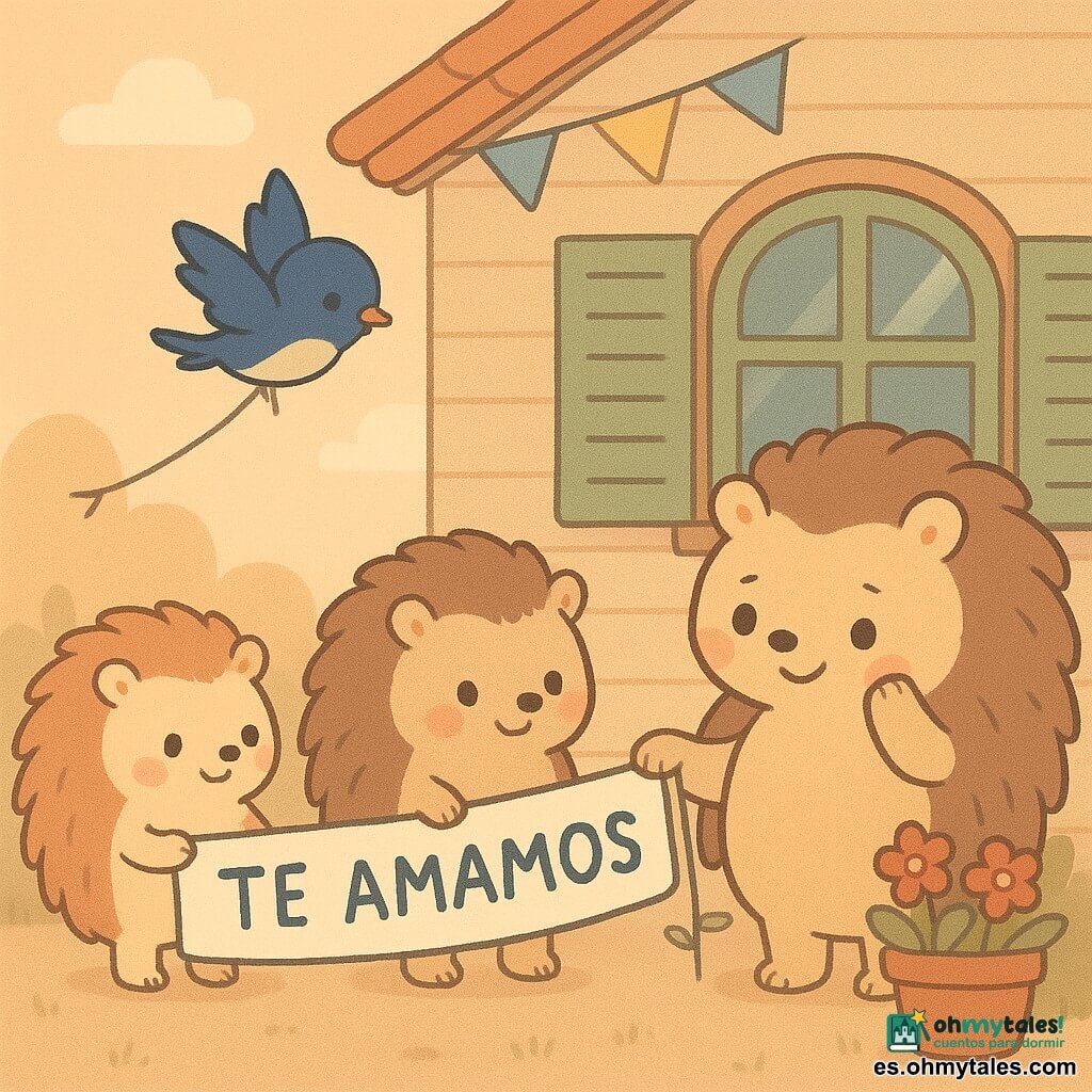 Un pequeño erizo antropomórfico llamado Pomelo, tímido y sonrojado, de pelaje beige claro con puntas color melocotón y ojos redondos brillantes, sostiene y despliega hacia una ventana una pancarta azul y blanca que dice te queremos; la madre eriza, más grande, de pelaje marrón suave, con expresión emocionada y luminosa, riega plantas junto a la ventana y se seca una lágrima de alegría; Lía, la pequeña golondrina de plumaje azul noche y vientre crema, vuela por encima y sujeta un extremo de la pancarta a una rama baja; Benito, un erizo mayor con el lomo salpicado de gris y mirada benevolente, sujeta el centro de la pancarta junto a Pomelo; escena frente a una casita de madera con contraventanas verdes, jardín con macetas y geranios rojos y guirnaldas, al crepúsculo con luz cálida y largas sombras; situación principal: momento tierno y centrado en que Pomelo, rodeado de amigos, ofrece la pancarta a su madre, con colores pastel y ambiente íntimo y acogedor.