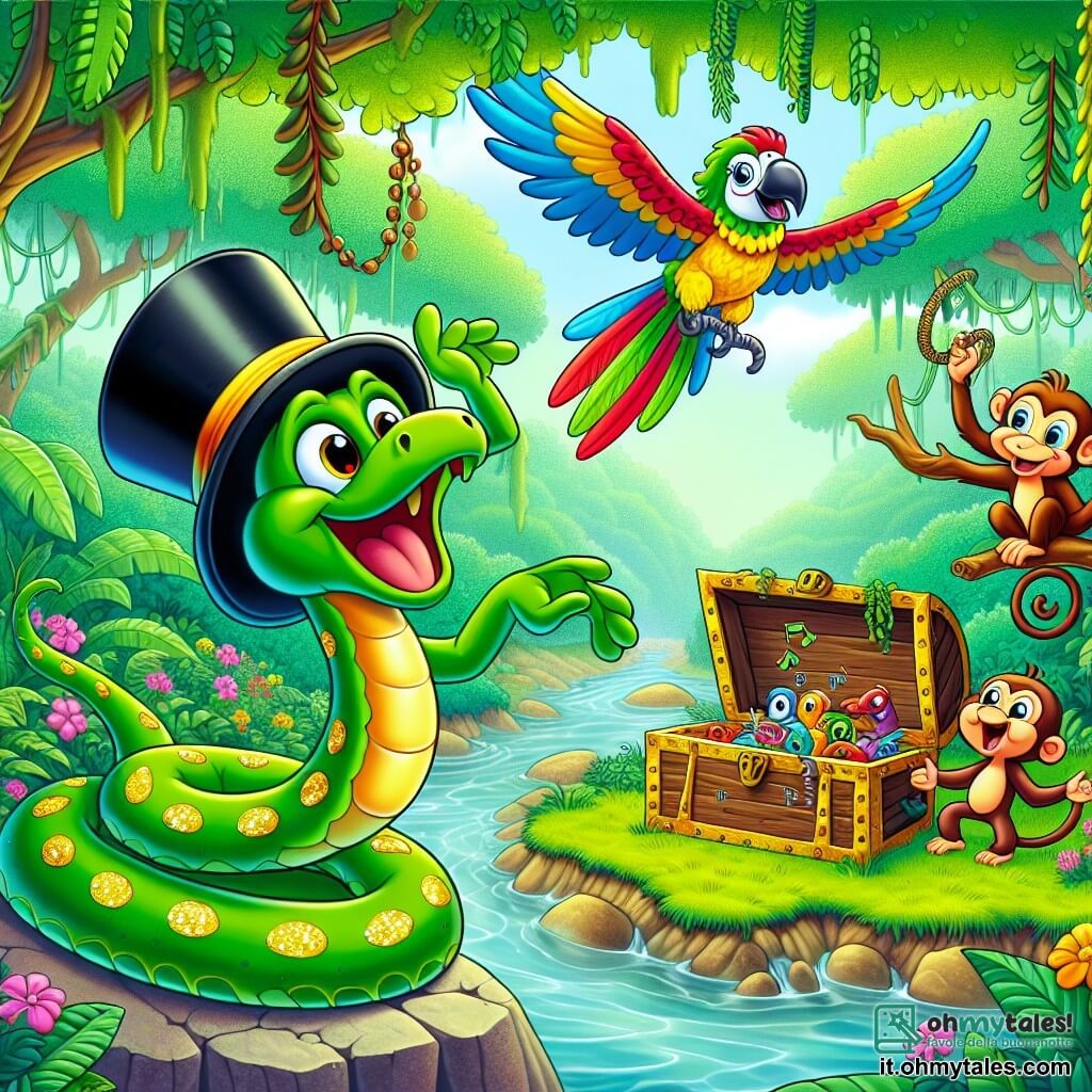 Un serpente di nome Serpillo, con una pelle verde brillante e macchie gialle scintillanti, indossa un buffo cappello a cilindro. Mostra un'espressione gioiosa e entusiasta, mentre danza su una pietra accanto a un ruscello. Accanto a lui, un pappagallo colorato di nome Paco, con piume rosse, blu e gialle, vola in cerchio cantando, mentre una piccola scimmia birichina, Bongo, con occhi maliziosi e pelliccia marrone, si dondola su un ramo ridendo della situazione. Lo scenario è una giungla lussureggiante, piena di alberi giganti con foglie verdi brillanti, fiori colorati e liane pendenti, con un ruscello cristallino che serpeggia nel paesaggio. La scena principale mostra Serpillo e i suoi amici che scoprono un vecchio baule di legno, coperto di muschio, pieno di tesori strani e divertenti, mentre si meravigliano della loro scoperta, circondati da risate e gioia.