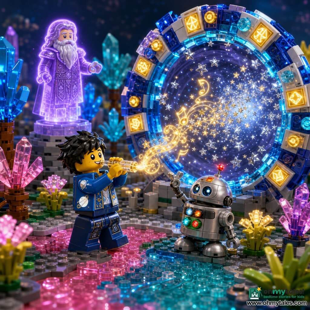 A smiling boy named Jiro, with tousled black hair and a shiny blue space jacket, plays a small translucent crystal flute; to his right a round companion robot called Astro, with silver panels and colorful LEDs, excitedly raises a mechanical arm toward a glowing ring-shaped energy portal at the center of a crystal-forest clearing on the planet Eldor—faceted crystal trees, pink-and-turquoise rivers of liquid light and spark-emitting luminous flowers surround them—while a violet-and-silver hologram of the wise Elder Orion watches from a crystal stone; golden filament-like musical notes travel from the flute to the portal, which opens with a pulse of blue swirls, gilded runes and a shower of silver stardust, creating a magical, spectacular effect in a LEGO diorama style with vivid contrasting colors, faceted textures, soft magical lighting and a clear, child-friendly composition.