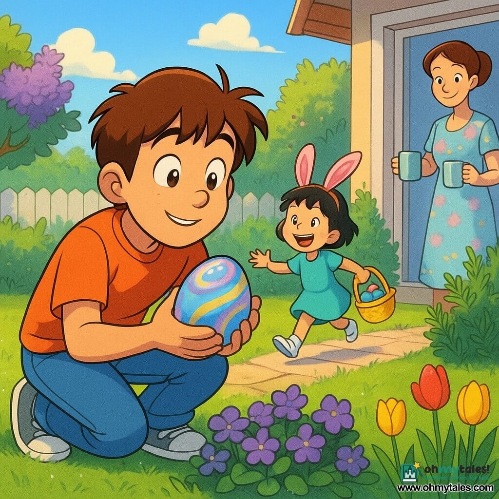 A 12-year-old boy, Leo, round face, tousled brown hair, bright hazel eyes, curious expression, crouches by a small bed of violets holding a silver foil-wrapped chocolate egg with colorful swirls; a 5–6-year-old girl, Mina, with short black hair and pink bunny ears and an exuberant smile, runs in the background toward a rosemary bush carrying a plastic basket of eggs; their mother, about 35, hair tied and wearing a pastel floral dress, stands at the window behind the patio door holding two mugs and looking tenderly at the children; morning-lit garden with dewy green lawn, red and yellow tulips, a fragrant lilac bush, flagstone paths and a whitewashed wooden fence, dew sparkling on a spiderweb; a white feather drifts down to land beside Leo, revealing a special egg hidden under the violets; soft, warm atmosphere with textured details (shiny wrapping, velvety petals, distinct grass blades); style: saturated 1990s cartoon colors, clean outlines, simple shading, clear warm composition.