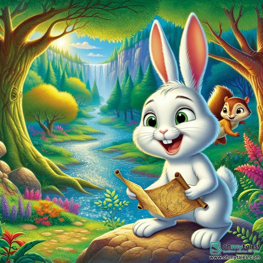 Oliver, a young rabbit with big ears and soft white fur, stands on a rock by a sparkling river, his face glowing with excitement and curiosity. He holds an old treasure map in his little paws, scanning the horizon with bright eyes. Next to him, Bella, a mischievous squirrel with brown fur and sparkling eyes, climbs on a low branch, her face beaming with a wide smile, ready to help him on their quest. Max, a brave hedgehog with golden spines and a determined look, stands just behind Oliver, his paws planted firmly on the ground, showing a focused expression. The setting is an enchanted forest with majestic trees, vibrant green leaves, colorful flowers scattered on the ground, and a shimmering river winding through the landscape, reflecting the sunlight. The main scene shows Oliver and his friends ready to cross the river to follow the path on the map, their hearts racing with excitement for the adventure ahead.