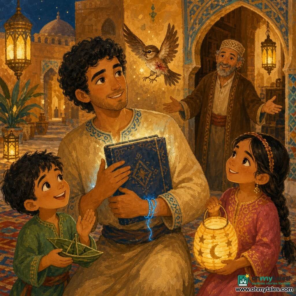 Samir, a gentle smiling man of about 25 with olive skin and curly black hair in a sand tunic with blue embroidery, holds a glowing blue‑cloth‑bound manuscript to his chest while a luminous blue thread bracelet glows on his left wrist; slightly in front to his right an admiring 8‑year‑old girl with braided hair in a pink dress holds a paper lantern, and to his left near his knees a 7‑year‑old boy in a green shirt claps holding a small green‑leaf boat; behind them in the school doorway a welcoming 50‑year‑old master with a short gray beard and brown robe smiles with open palms; a wounded rufous sparrow hovers above the manuscript; the scene takes place in a paved courtyard inspired by One Thousand and One Nights with ochre walls, turquoise mosaics, carved pointed arches, rugs and hanging patterned lanterns casting warm light—Samir has arrived on the evening of the lantern festival to return the manuscript, and the moment is tender, intimate and hopeful.