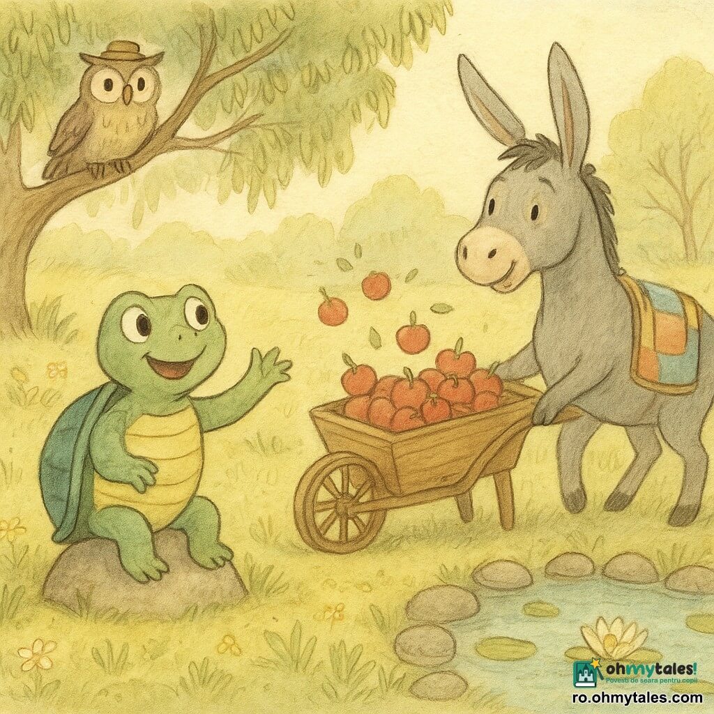 O broască-țestoasă zâmbitoare și visătoare cu carapace cu dungi verde închis și albastru deschis stă pe o pietricică în față și povestește cu o labă ridicată; un măgar stângaci numit BunBun, cu urechi lungi și buzunare colorate, împinge o căruță mare de lemn plină cu mere roșii; o broască cu ochelari ține o foaie și aplaudă lângă un nufer; o bufniță cu șapcă privește de pe o creangă joasă; scena are loc într-o poiană înflorită lângă un iaz și prezintă un concurs vesel în care căruța „pling-plong” bate ritmul pe pietre, iar animalele bat din palme și dansează