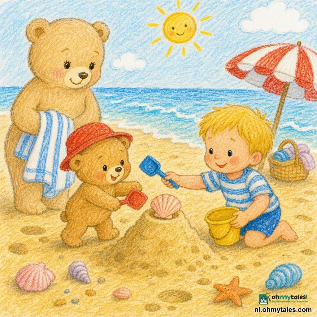 Een klein lichtbruin, rond teddybeertje met rood hoedje loopt blootsvoets over warm zand en maakt met zijn pootjes een schepje; een grotere beige moederbeer met zachte ogen staat aan de rand van het zand en houdt een wit‑blauw gestreept doek; een blond, kortgeknipt, nieuwsgierig glimlachend kindje knielt op het strand, houdt een klein geel emmertje en reikt een schepje naar de beer; samen bouwen ze een zandhoop met een grote schelp bovenop; zomers strand met goudkleurig zand, lichte blauwe deintjes, enkele schelpen en een rood‑wit gestreepte parasol op de achtergrond; lichte warme pasteltinten, zichtbare potloodlijnen, zachte contouren, naïeve tekenstijl met papiertextuur en lichte schaduwen, duidelijke samenstelling voor peuters.
