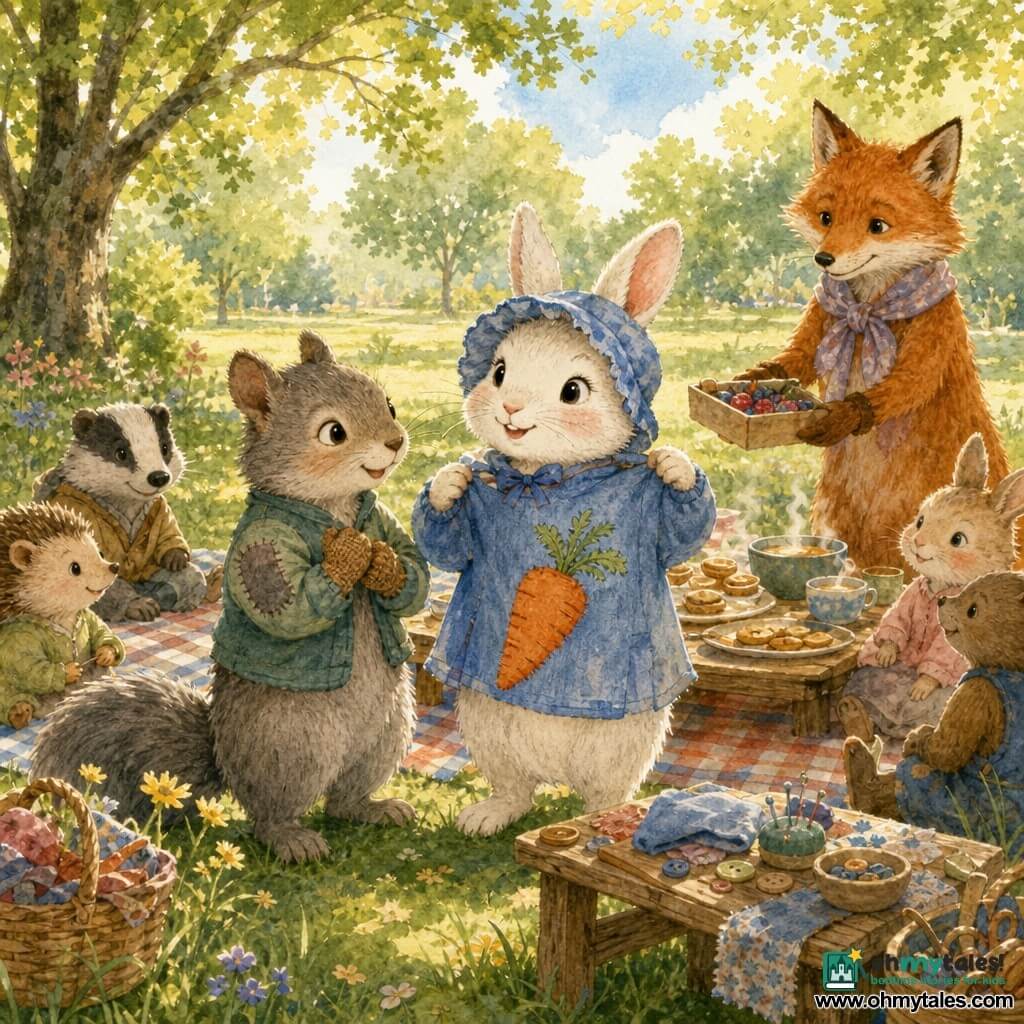 A small rabbit named Lila, radiant and proud with soft white fur, wears a blue bonnet and a slightly worn blue jacket with wide sleeves; she holds the jacket open to show a large hand-sewn orange carrot patch, smiling confidently. Theo, a young gray squirrel with bright eyes, stands beside her with neatly mended sleeve and small knitted mittens, hands on his chest in prideful gratitude. Pippa, a well-groomed red fox, wears a scarf with visible knots and a gentle, slightly bashful but kind expression, offering a small box of berries toward the shared table. Around them, animal children sit on striped blankets and checkered cloths with shared plates, steaming bowls of soup, homemade biscuits, and a short wooden table holding sewing buttons, fabric scraps, and round needles. The setting is a sunny park with green trees, textured grass, and a pastel sky; warm light filters through leaves, casting soft shadows in a friendly, colorful picnic atmosphere. Lila displays her repaired jacket and carrot patch at a communal picnic—a moment of sharing and pride, full of solidarity, smiles, and mended items—rendered in a soft watercolor style with slightly blurred edges.