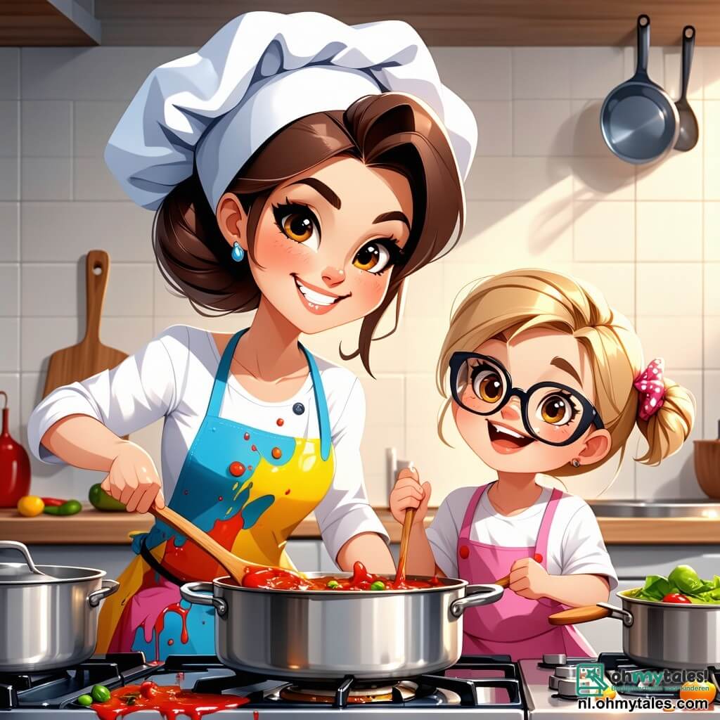 Chef Lotte, een glimlachende vrouw met bruin haar in een knot, draagt een grote witte koksmuts en een kleurr apron vol sausvlekken. Ze mengt een grote pan soep op het vuur, haar gezicht straalt van vreugde en concentratie. Noor, een 8-jarig meisje met blond haar en ronde brillen, staat naast haar met een houten lepel, gefascineerd door het koken. Sam, een 9-jarig jongen met rommelig kastanjebruin haar, kijkt aandachtig naar het recept aan de muur met een nieuwsgierige blik. Ravi, een 7-jarig jongen met zwart haar en sprankelende ogen, zit op een kruk en snijdt voorzichtig groenten. De scène speelt zich af in de warme en levendige keuken van Bistro De Smulpaap, met felgele muren, planken vol kleurrijke specerijen en glazen potten vol verse ingrediënten. De hoofdsetting toont Lotte en de kinderen die samen een speciaal gerecht bereiden, omringd door kleurrijke groenten en keukengerei, allemaal glimlachend en enthousiast om samen iets lekkers te maken.