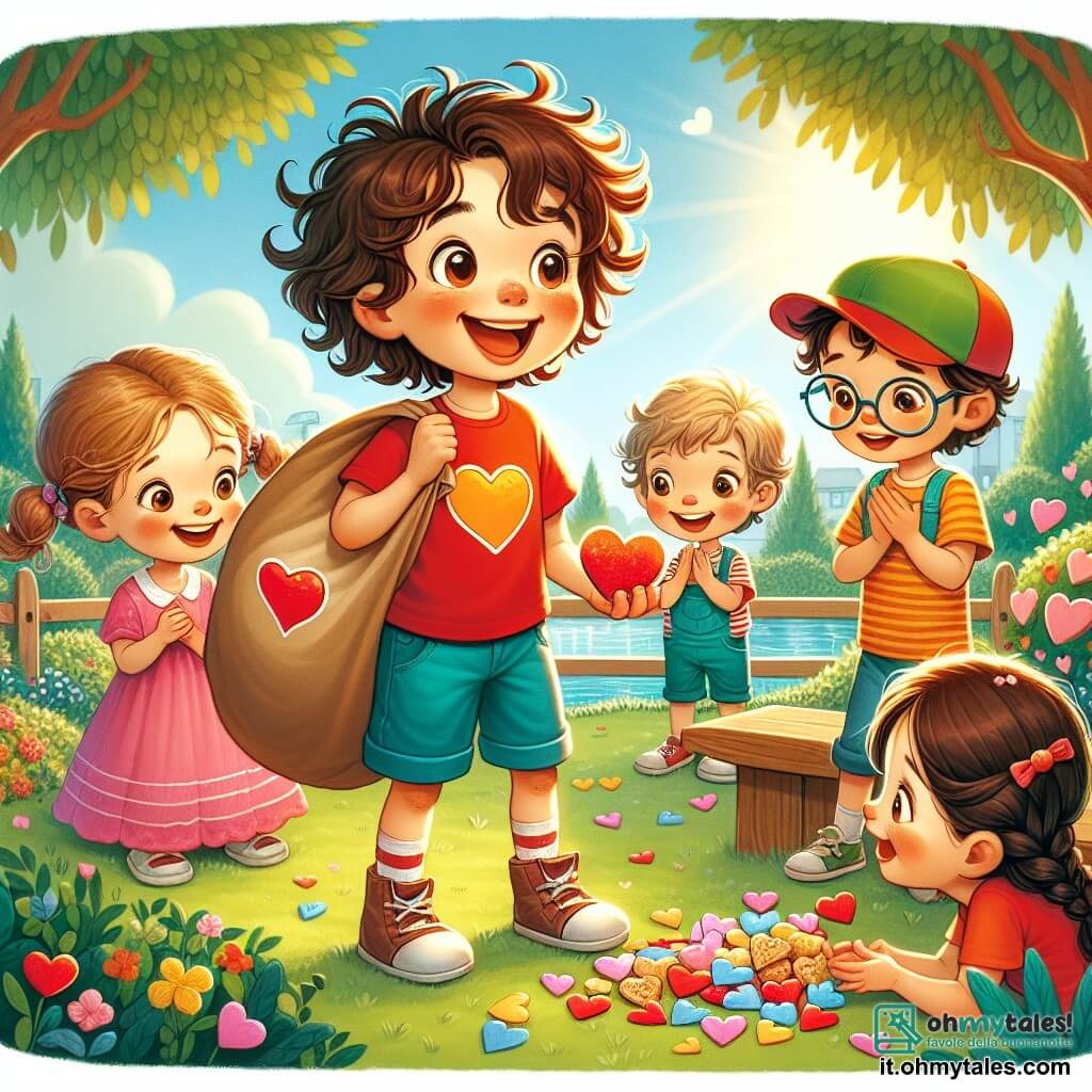 Un ragazzo di 6 anni, di nome Leo, con capelli castani disordinati e un grande sorriso gioioso, è al centro dell'immagine. Indossa una maglietta rossa con un cuore e pantaloni corti blu, tenendo un grande sacco pieno di cuori di carta e biscotti a forma di cuore. Leo è entusiasta, i suoi occhi brillano mentre spiega le regole della caccia al tesoro ai suoi amici. Accanto a lui, Emma, una ragazza di 6 anni con capelli ricci e un vestito rosa, sorride tenendo un cuore di carta appena trovato. Marco, un ragazzo di 6 anni con occhiali e un cappellino verde, si piega per raccogliere un altro cuore nascosto sotto una panchina, concentrato e felice. Sofia, una ragazza di 6 anni con trecce e un vestito giallo, applaude scoprendo un cuore brillante nell'erba. L'illustrazione si svolge in un parco verdeggiante, pieno di alberi maestosi, fiori colorati e un piccolo lago scintillante al sole. I bambini sono circondati dalla bellezza del parco, celebrando l'amicizia e la gioia di San Valentino.