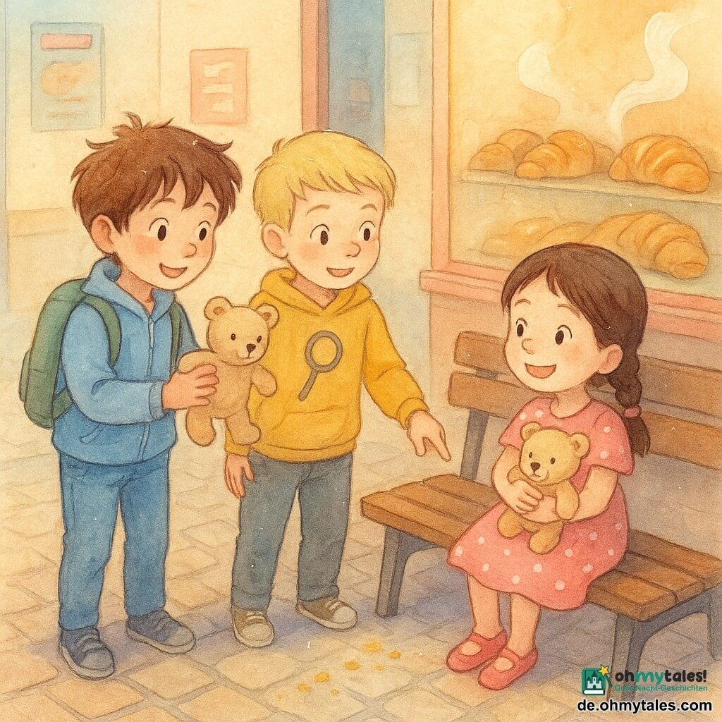 Drei Personen: Max, Junge ~9 Jahre, braune zerzauste Haare, hellblauer Blouson und grüner Rucksack, hält ein beiges Stoffbärchen vor sich und steht leicht links; Leo, Junge ~9 Jahre, kurze blonde Haare, gelber Pullover mit einer aufgemalten Lupe, weist mit dem Finger auf eine Krümelspur auf dem Boden und steht rechts von Max; das Mädchen, ca. 5 Jahre, braune Strähnen, rosa gepunktetes Kleid, hält das Bärchen ans Herz und steht den Jungen gegenüber, Augen vor Freude glänzend; Schauplatz: belebter Bahnhof mit Kopfsteinpflaster, brauner Holzbank, Schaufenster einer Bäckerei mit goldenen Croissants und leichter süßer Dampfwolke, bunte Plakate an der Wand, sanftes Morgenlicht durch große Fenster; Hauptsituation: die beiden kleinen Detektive geben das aufgefundene Bärchen dem Mädchen auf der Bank vor der Bäckerei zurück, man sieht eine Krümelspur vom Park zum Bahnhof; warme, fröhliche Atmosphäre, sichtbare Details: abgenutztes Bärchen, glänzende Keksbrösel, sanfte Bodenreflexe, dankbare Gesichtsausdrücke und Lächeln.