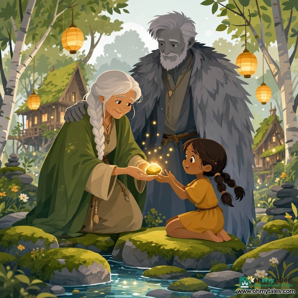 Eira, about 60, with a soft wrinkled face, braided silver hair, a light brown linen dress and moss-green cloak, smiles warmly as she offers a small shiny golden "stone of gratitude" emitting warm light and floating particles to a barefoot six-year-old girl with brown pigtails in a simple mustard dress, who kneels on a low rock and receives it with both hands, while Morn, a mythic-looking elder of about 120 with ashen skin, short grey hair and beard and an ash-feathered coat, stands behind Eira with a protective hand on her shoulder; the scene is in a hollow clearing with moss-covered flat stones, a small stream in the foreground, pale-trunk trees and wooden houses in the background, a few hanging lanterns and a light silver mist, soft, calming colors (moss greens, warm ochres, ashen greys) and a composition centered on Eira's gesture as Morn watches.