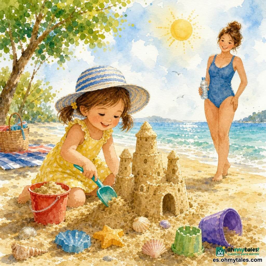 Niña de 4 años, alegre y concentrada, con coletas castañas, sombrero de paja azul y blanco y vestido amarillo de lunares, cava la playa con un cubo rojo y una pala turquesa; su madre, de 30–35 años, sonriente y protectora, pelo castaño en moño, lleva traje de baño azul y una botella de agua, de pie a unos pasos sobre la arena; playa soleada de arena dorada y olas pequeñas, con conchas y una toalla a rayas bajo un árbol que da sombra; la niña construye un gran castillo de arena con torres y puerta, cubos y moldes dispersos; madre atenta, lista para ofrecer agua; ambiente veraniego, colores cálidos y toque acuarelado.