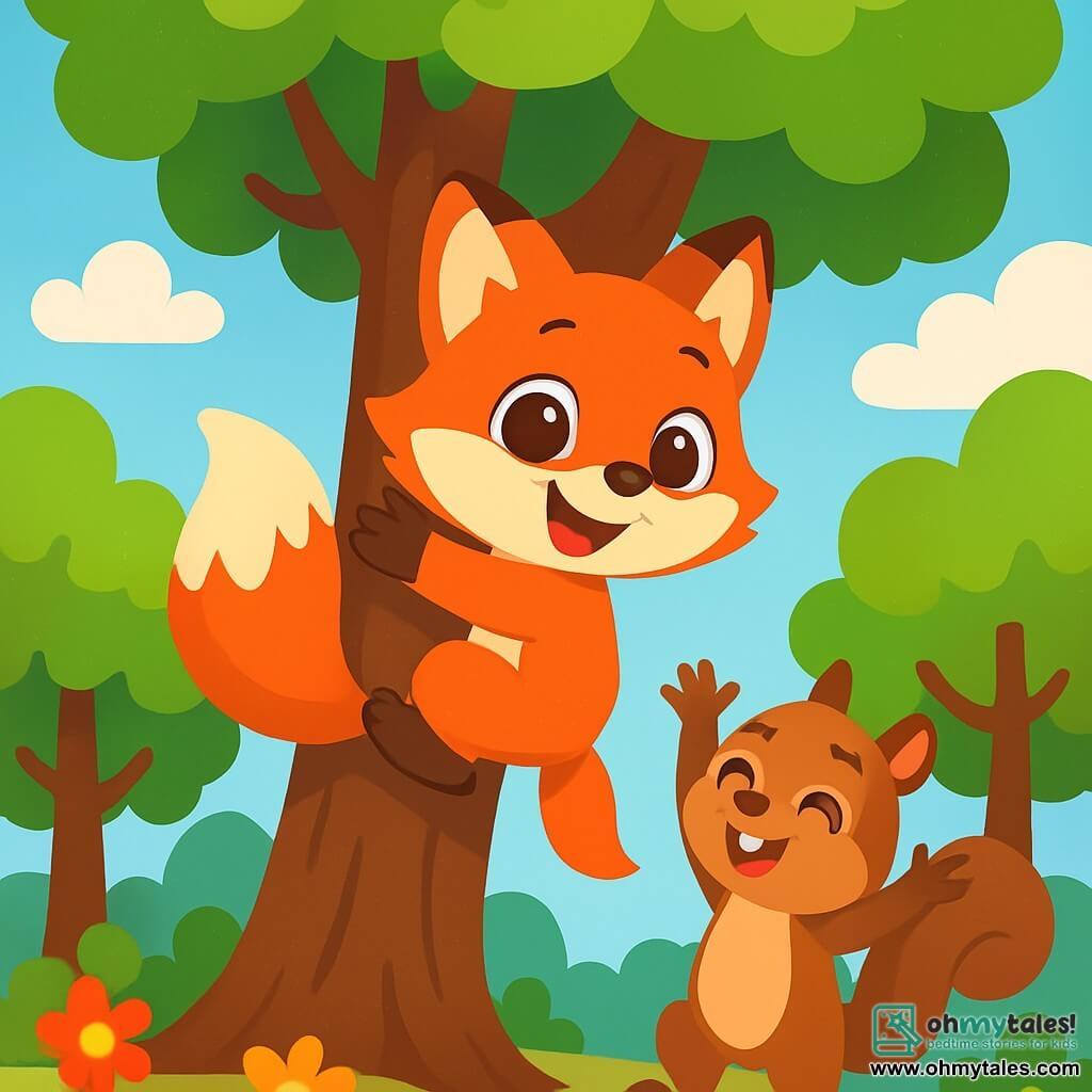 Foxy, a little red fox with sparkling eyes and shiny fur, joyfully climbs a large tree, her face beaming with happiness and excitement. Beside her, Max, a small brown squirrel with a bushy tail and mischievous eyes, encourages her with a smile, arms raised in support. The setting is an enchanted forest with majestic trees, vibrant green leaves, colorful flowers, and a clear blue sky dotted with fluffy white clouds. The main scene shows Foxy and Max climbing together, celebrating their friendship and teamwork, proving that boys and girls can play and have fun together.